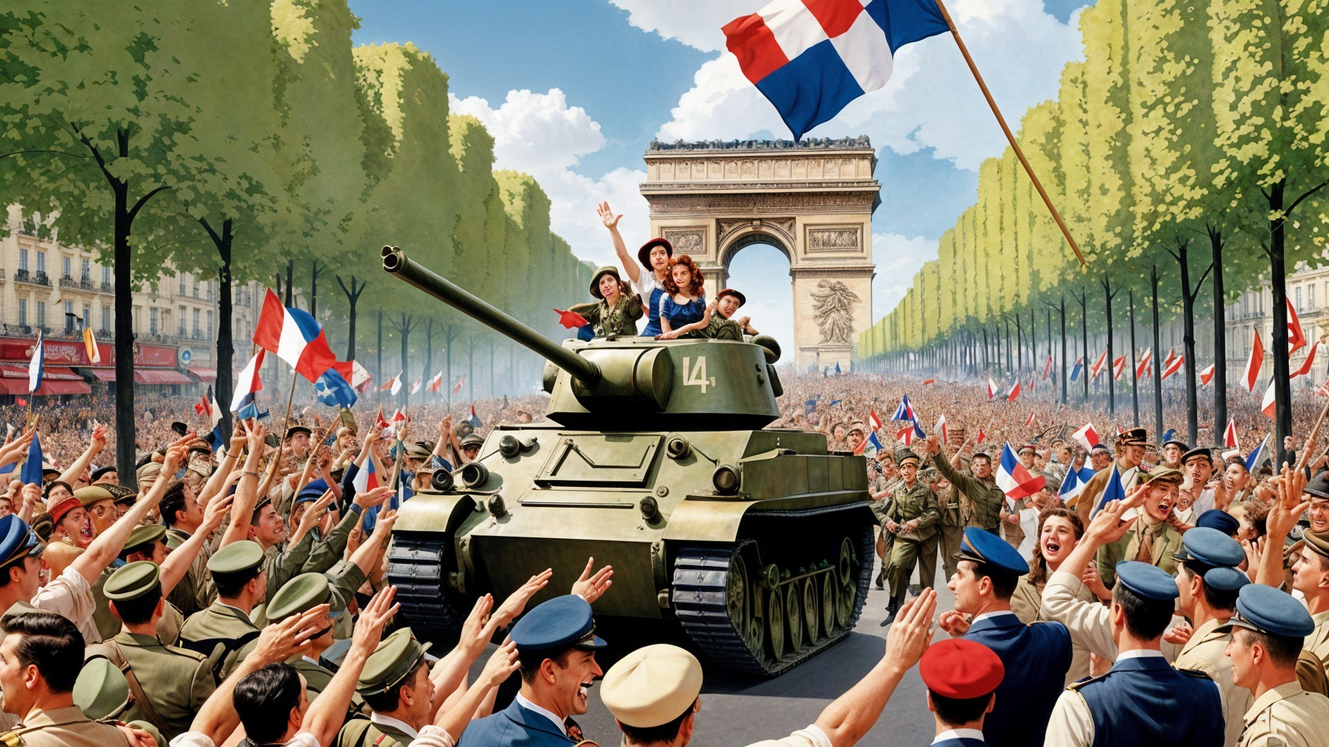 Crowd Celebrating with Tank at Arc de Triomphe