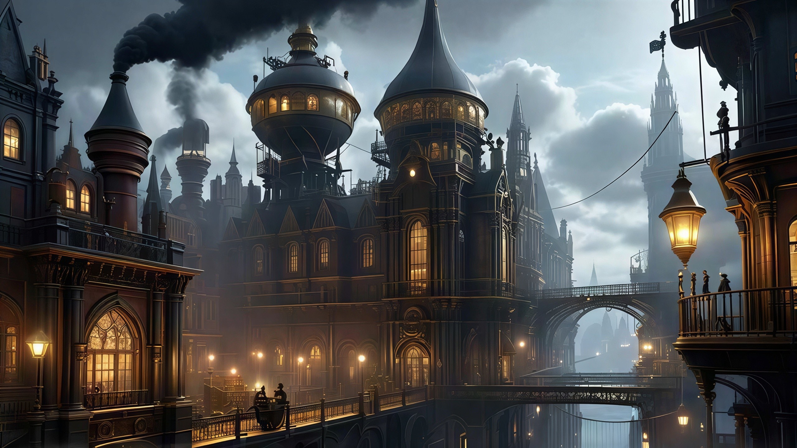 Steampunk Cityscape with Gothic Architecture and Bridges