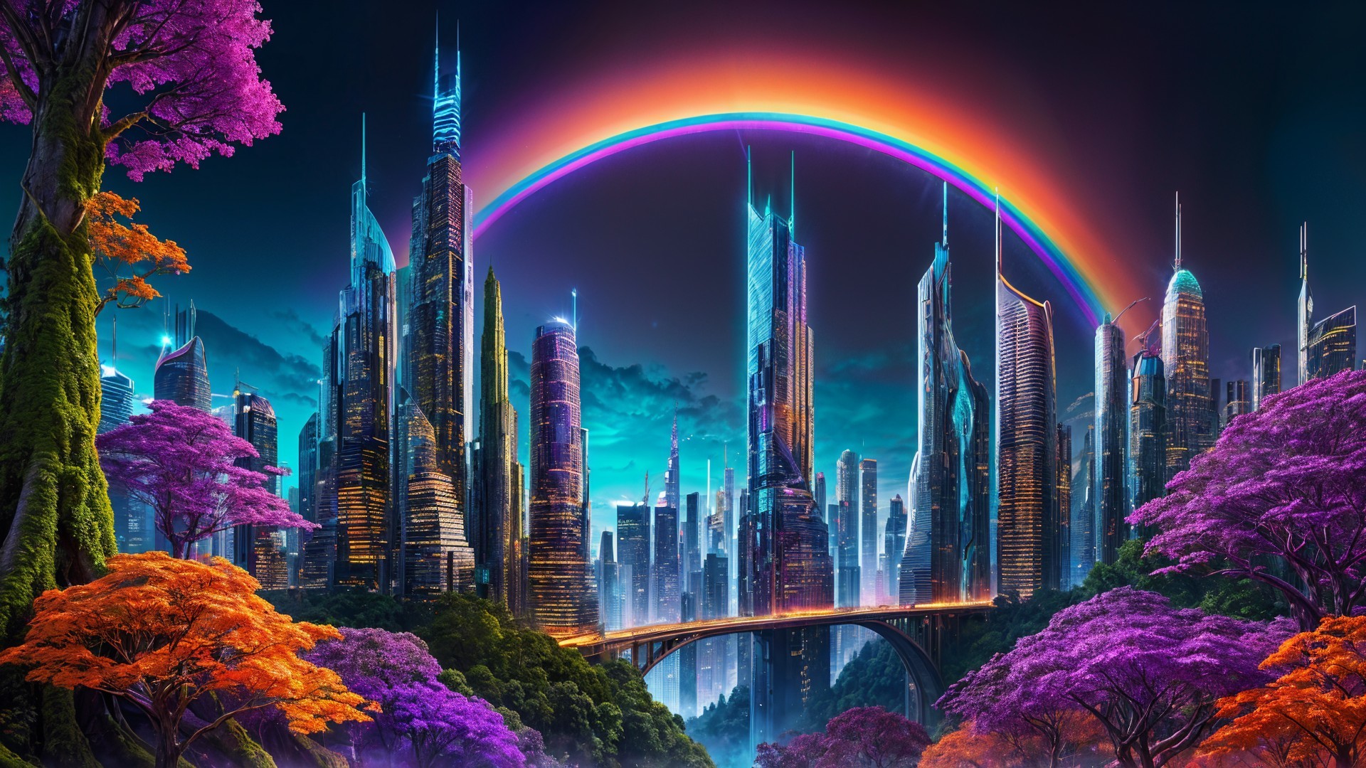Futuristic cityscape with colorful skyscrapers and rainbow