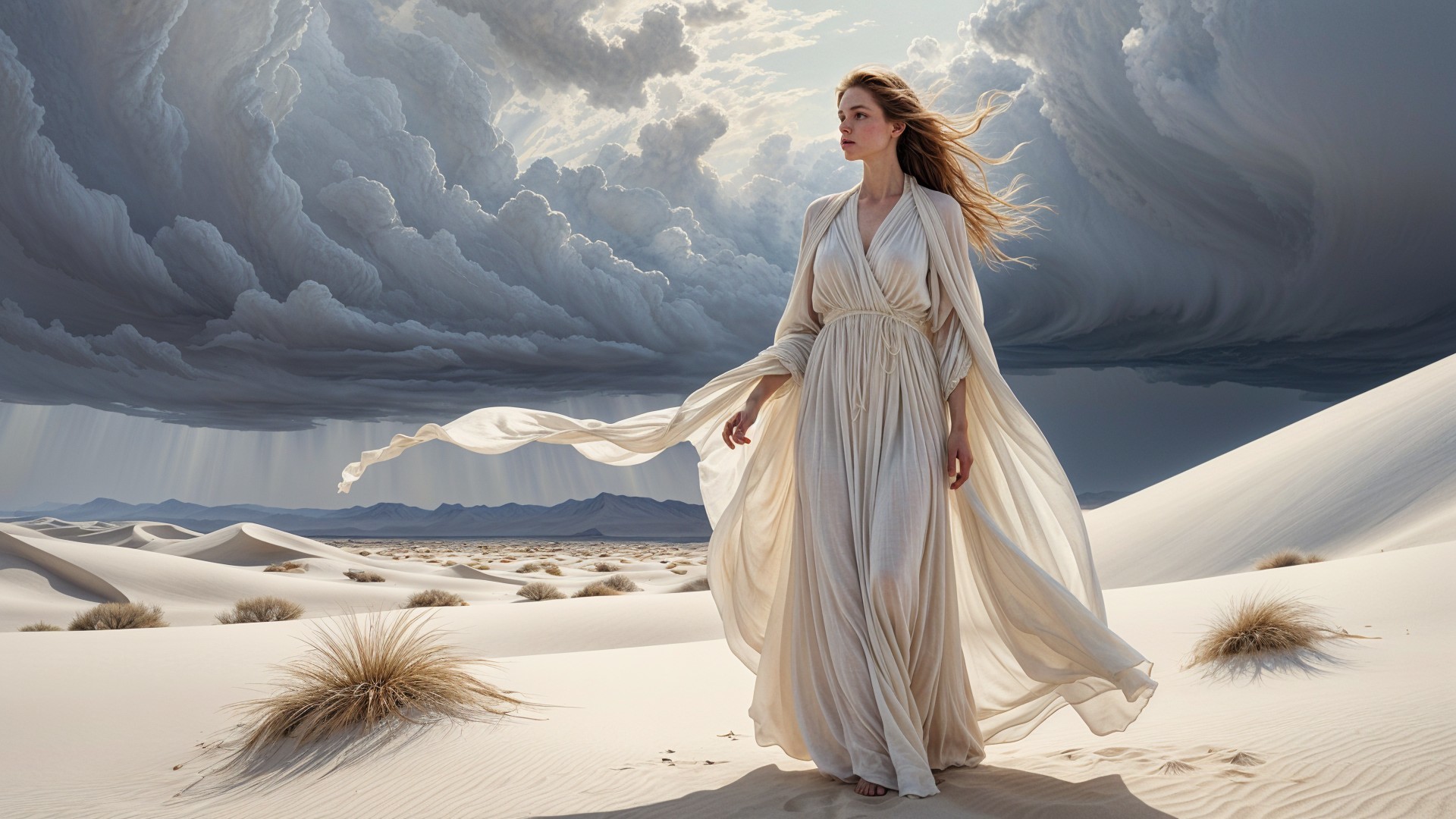 Woman in White Dress in Desert with Stormy Sky
