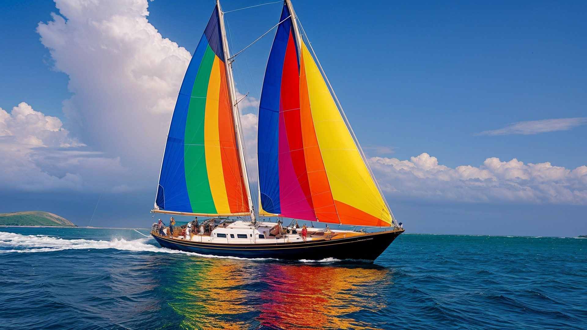 Vibrant Sailboat with Colorful Sails in Azure Waters