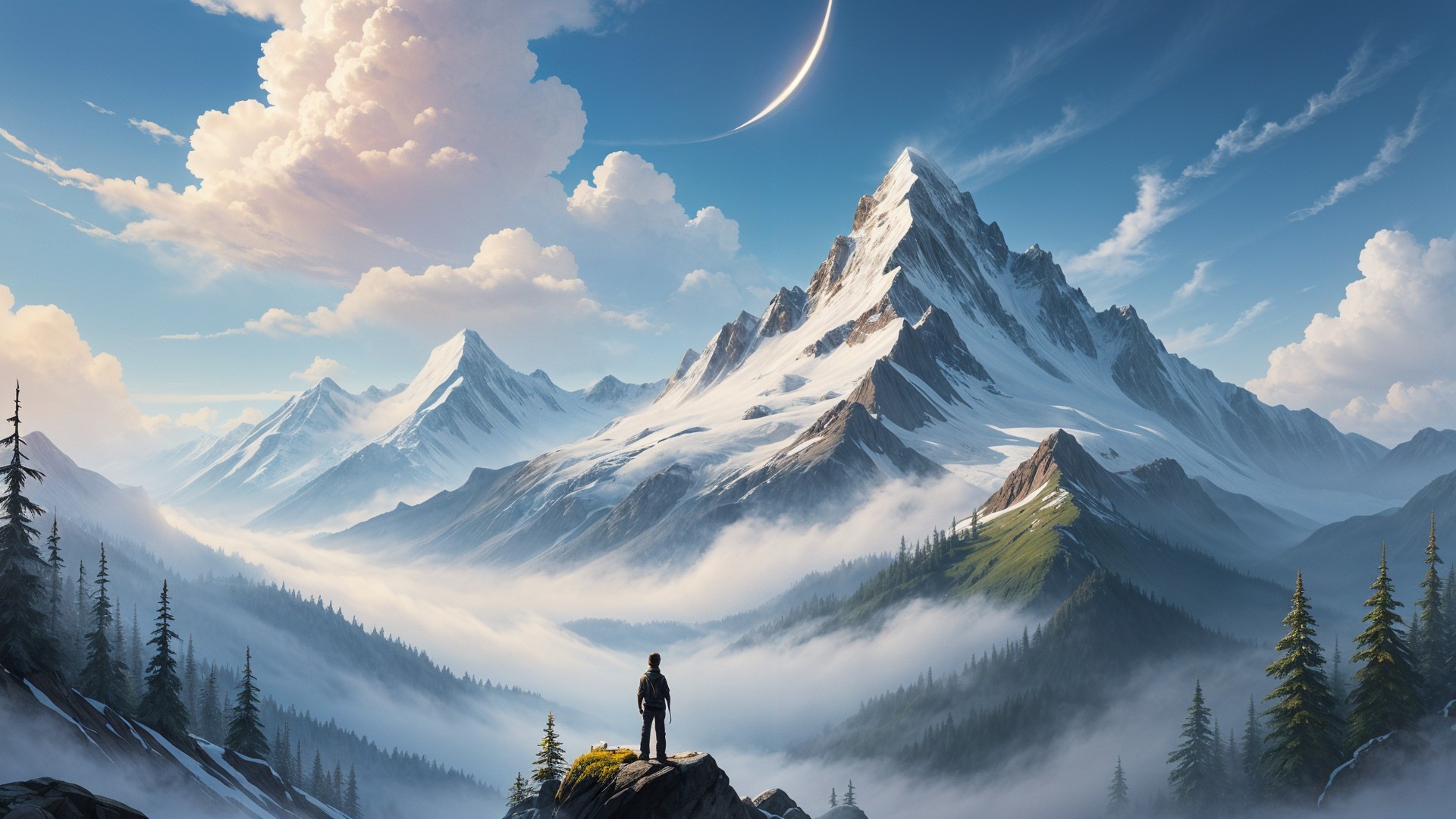 Lone Figure Overlooks Majestic Snow-Capped Mountains