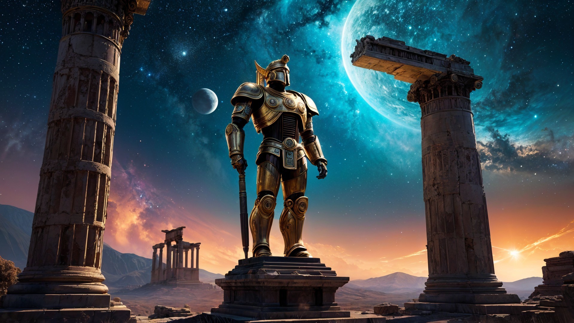 Golden Armored Knight Under Starry Sky and Columns
