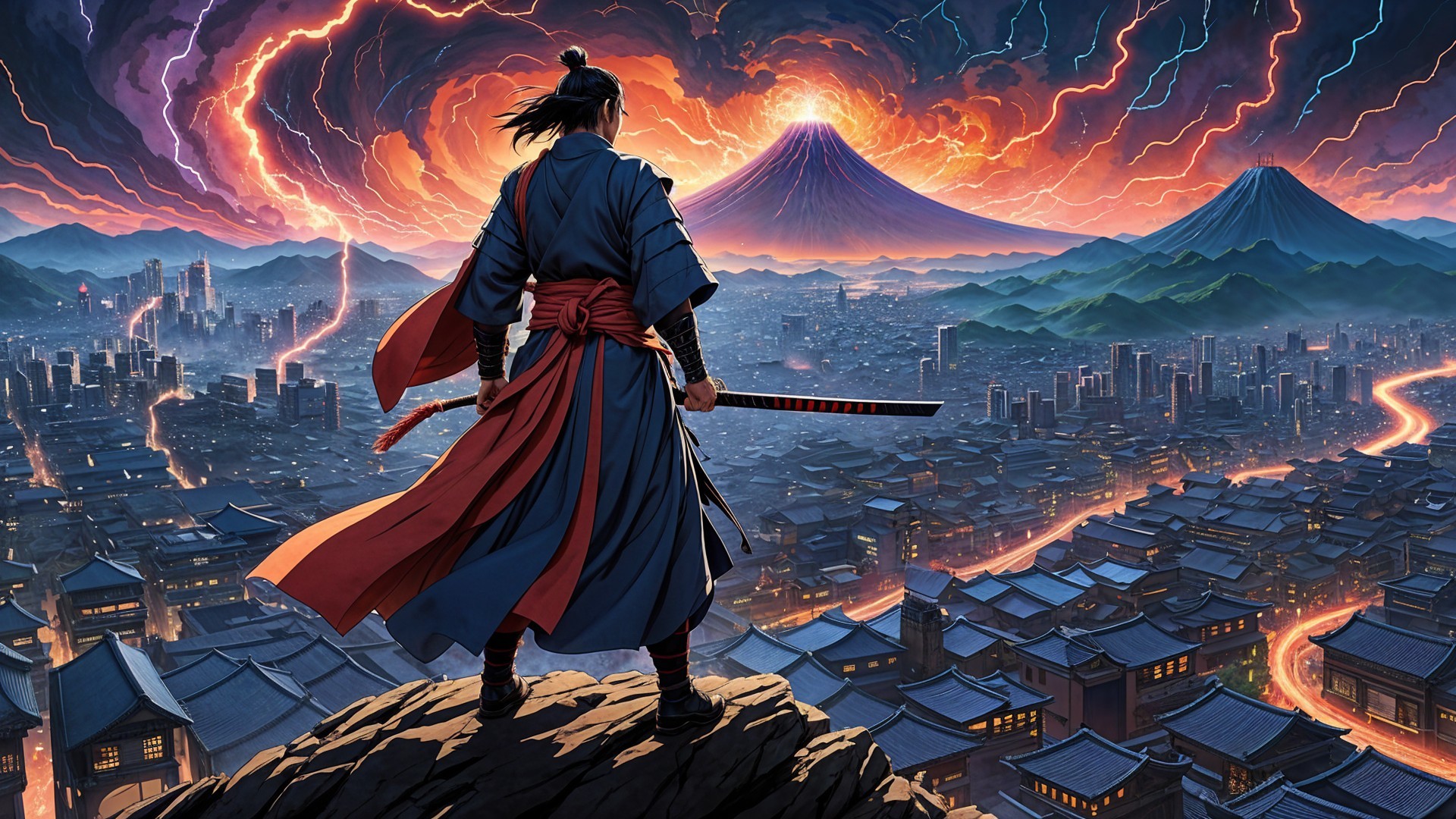 Lone Warrior Overlooks City and Dramatic Sky