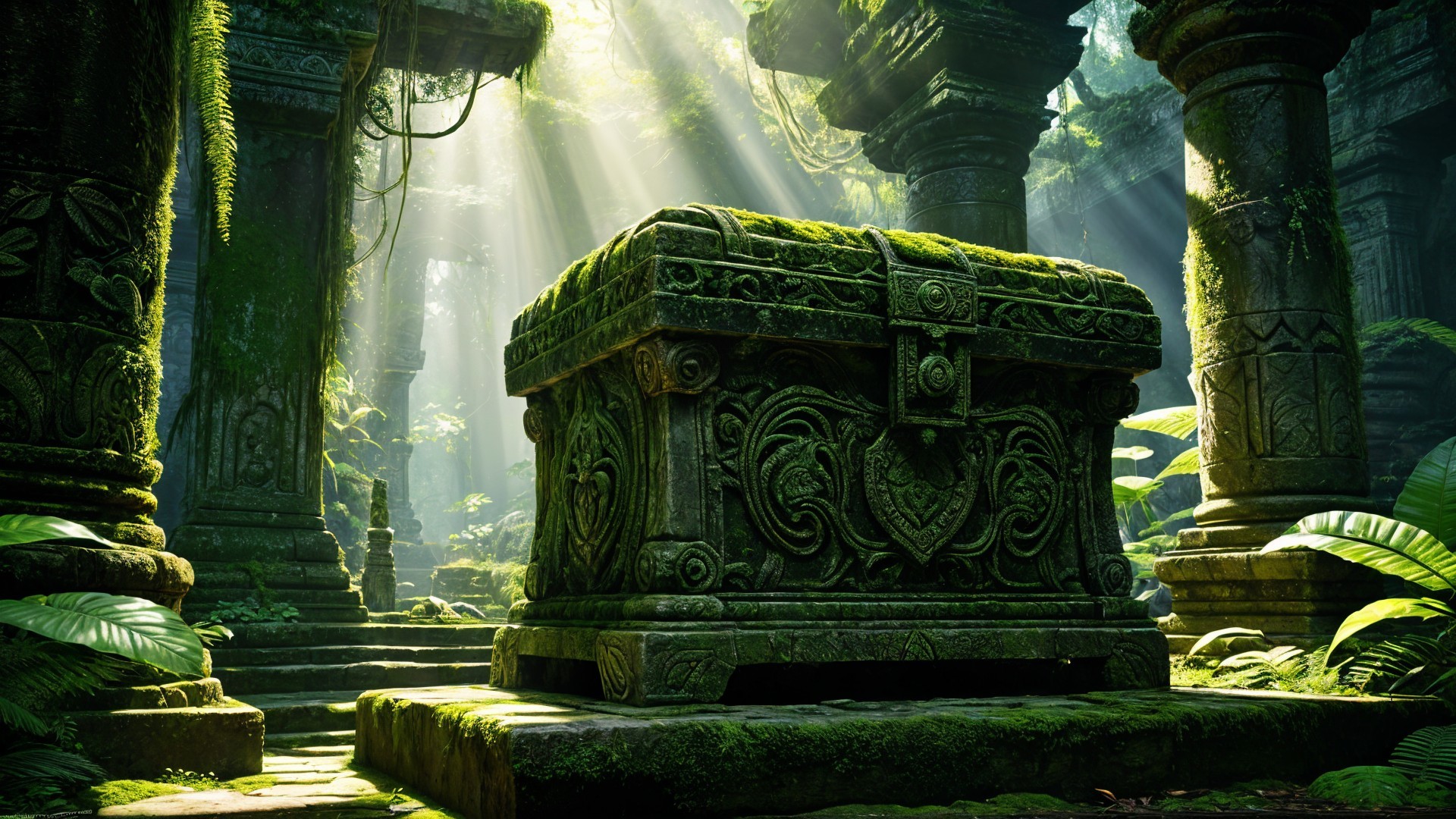 Ornate stone chest in a mystical jungle setting