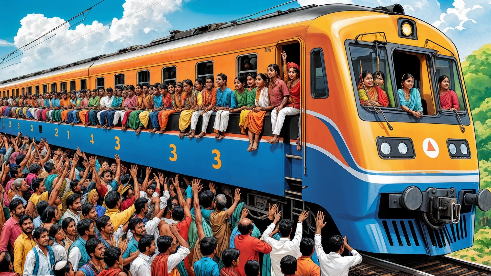 Vibrant Train Scene with Cheerful Passengers and Nature