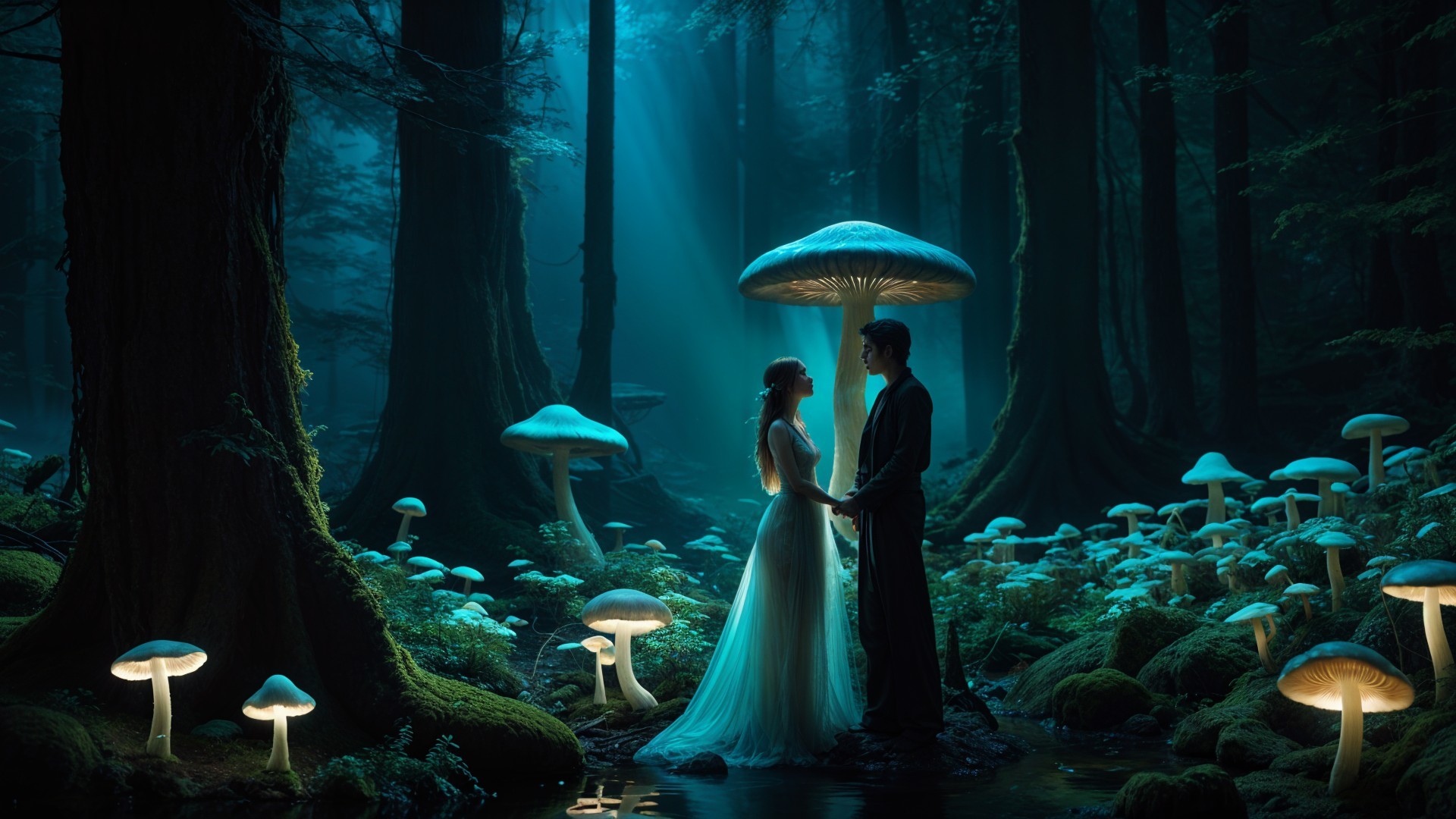Couple in Mystical Forest Under Luminescent Mushroom