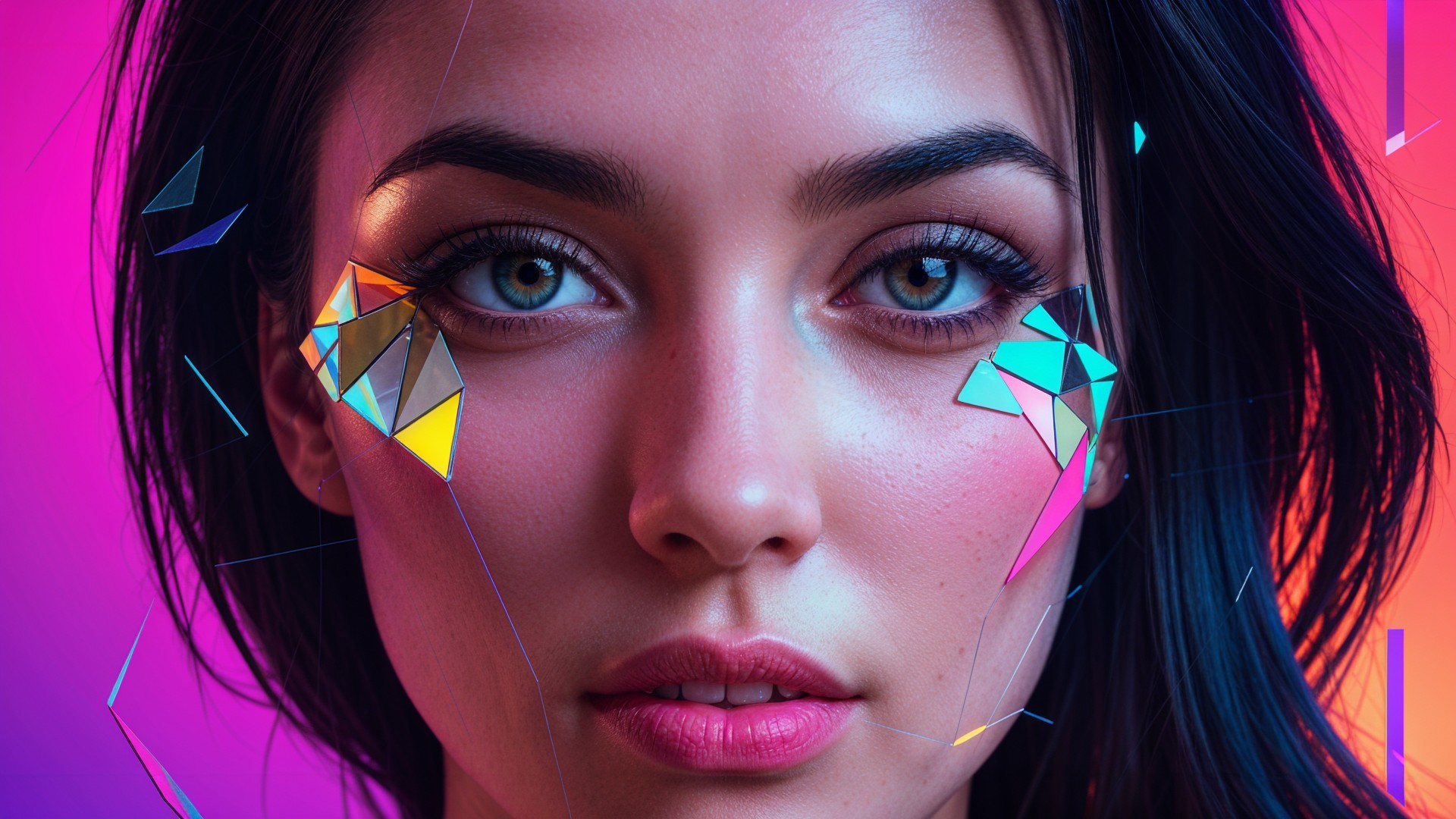 Close-up of a woman with blue-green eyes and geometric art