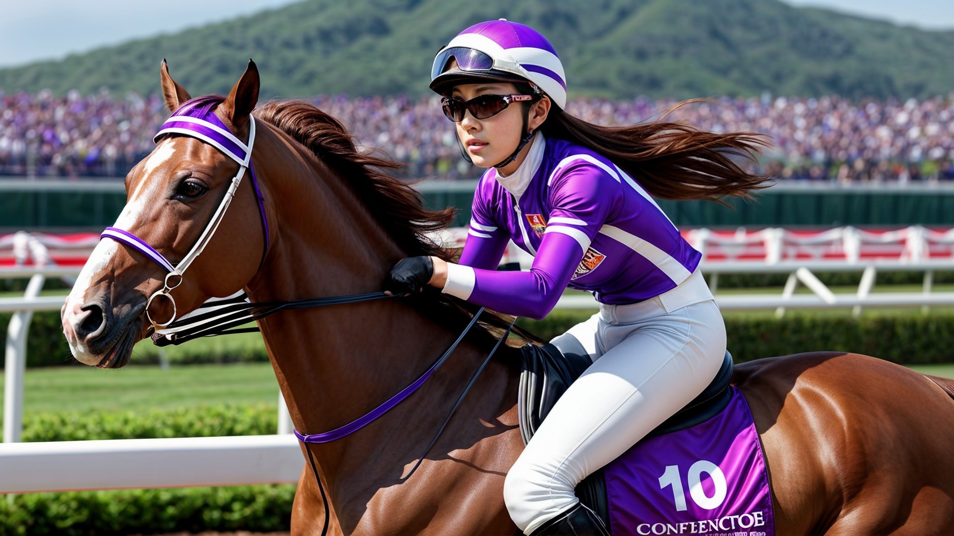 Jockey in Purple Outfit Rides Chestnut Horse in Race