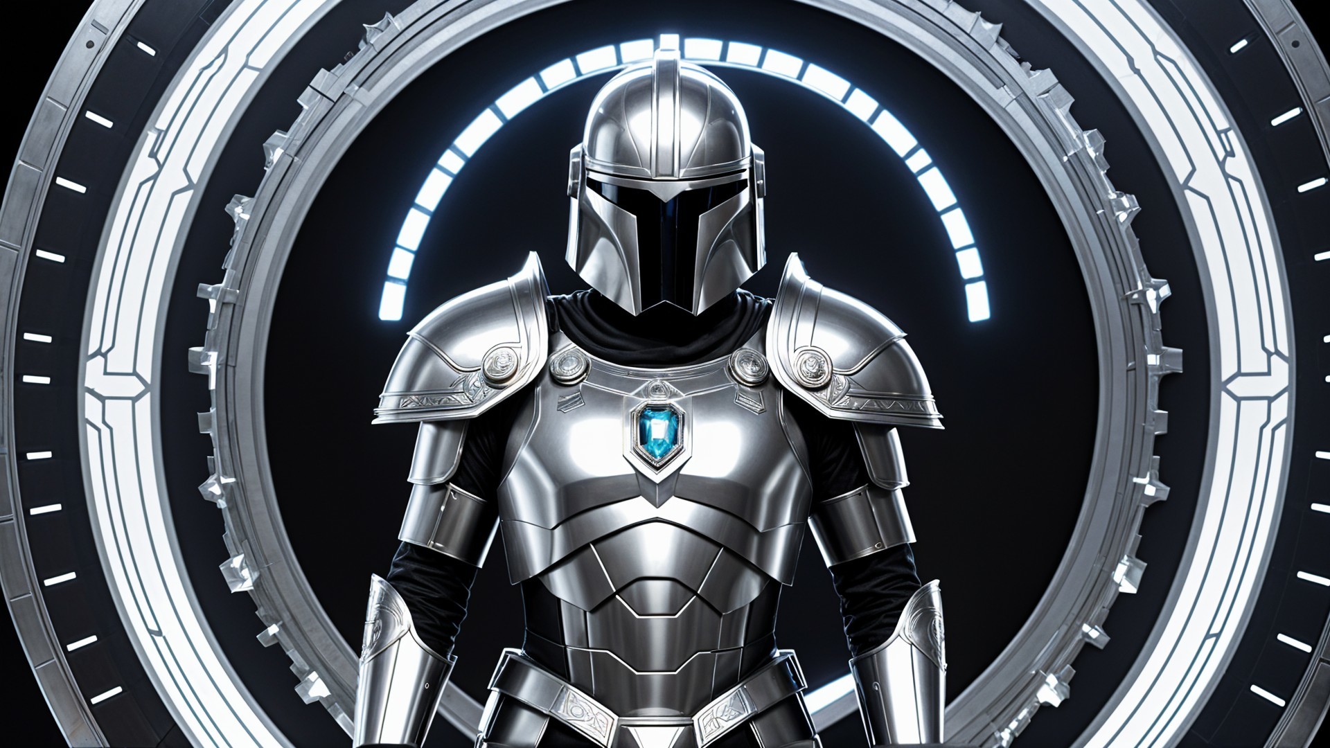Futuristic knight in metallic armor with glowing gem