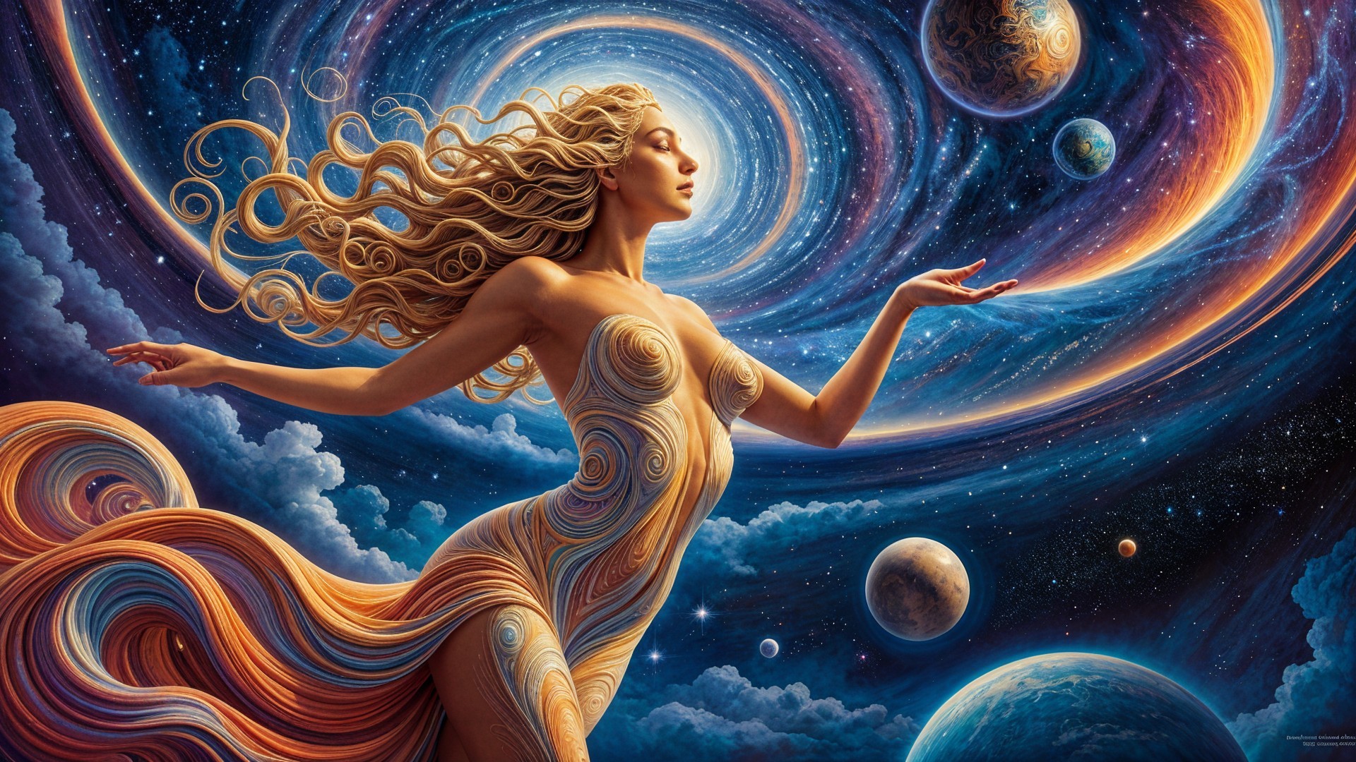 Celestial Figure in Vibrant Galaxy Scene