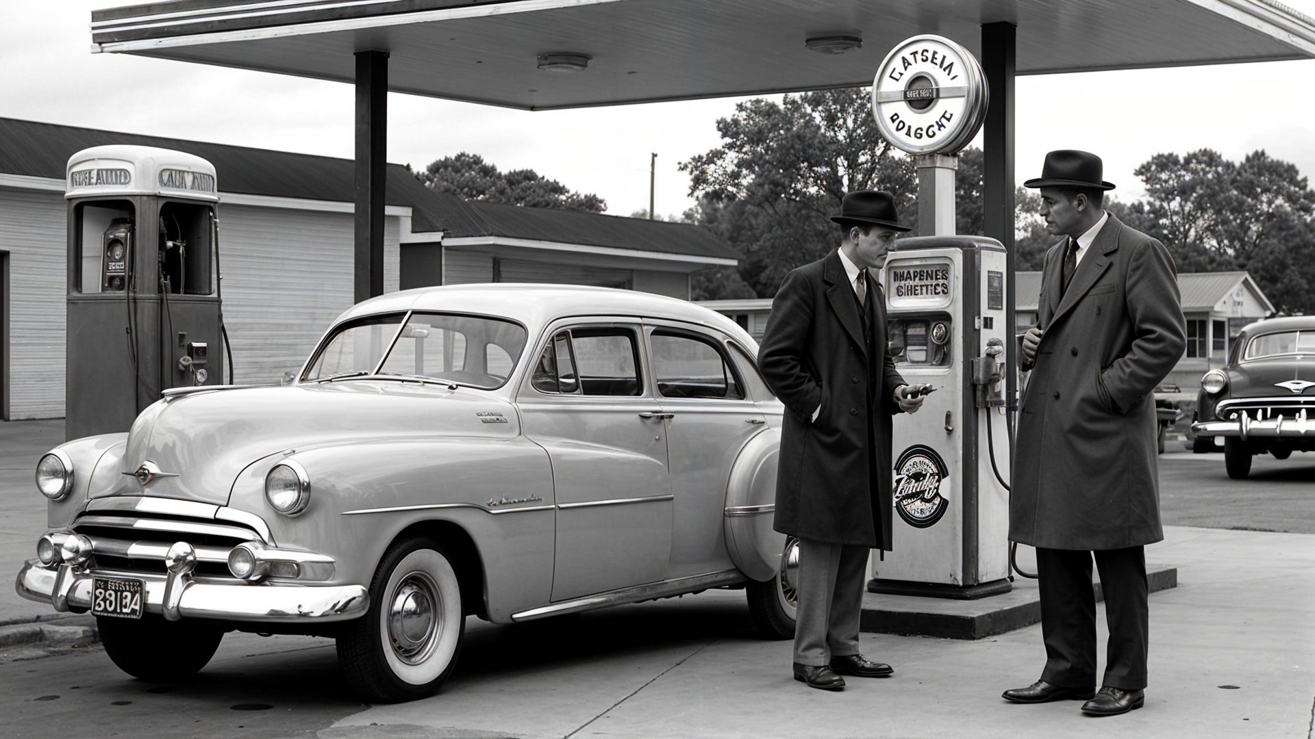 Classic Black and White Gas Station Scene with Vintage Car