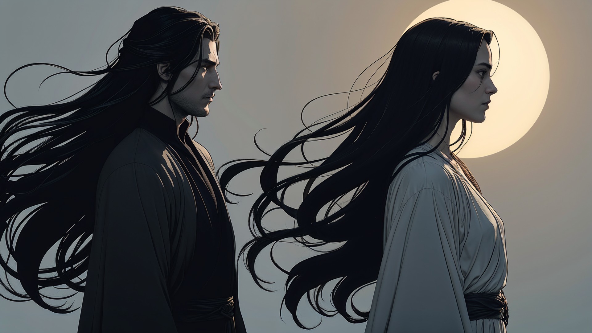 Serene Scene of Two Figures Under a Glowing Moon