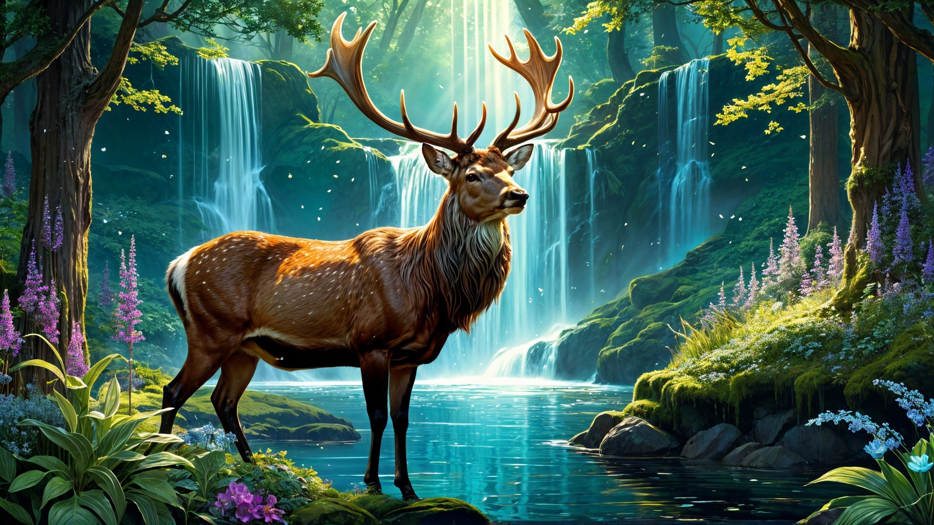 Majestic stag by serene blue lake and vibrant waterfalls