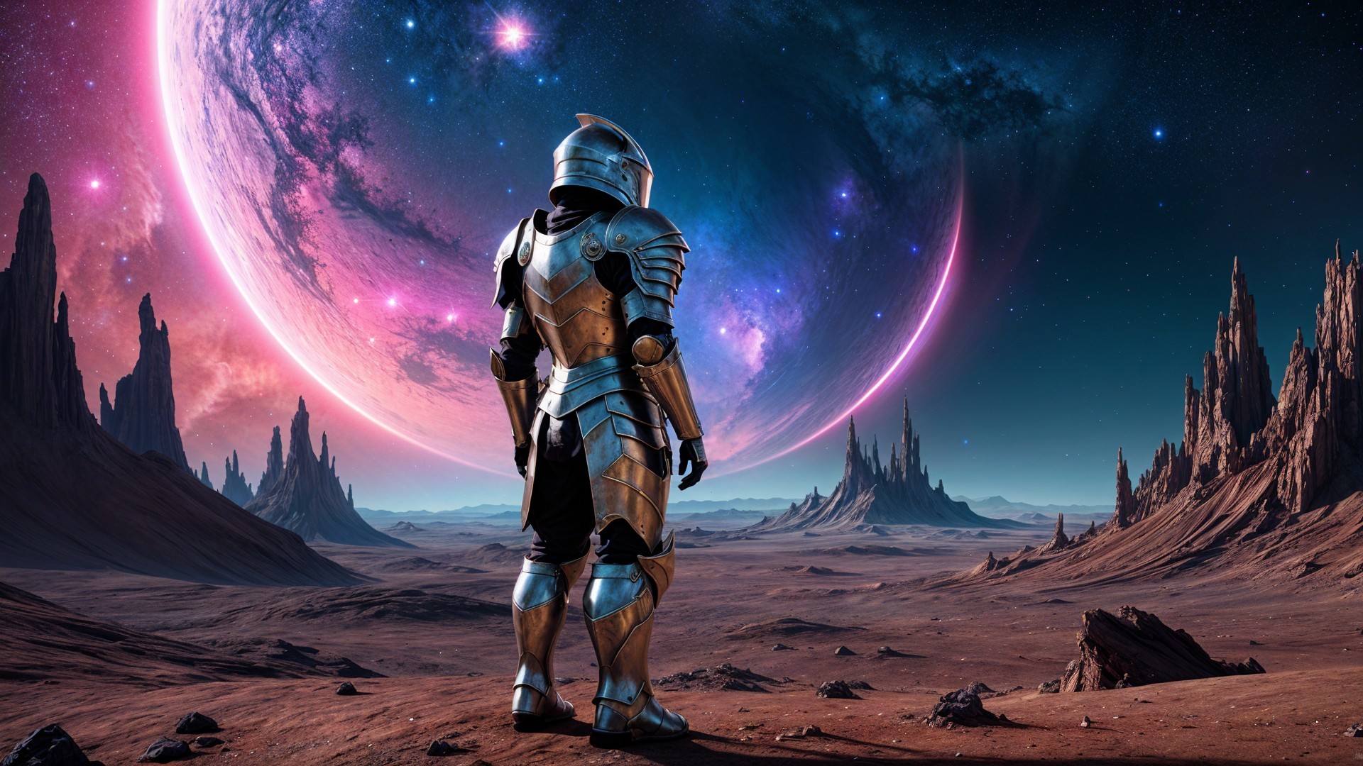Lone Warrior in Armor on Barren Rocky Landscape