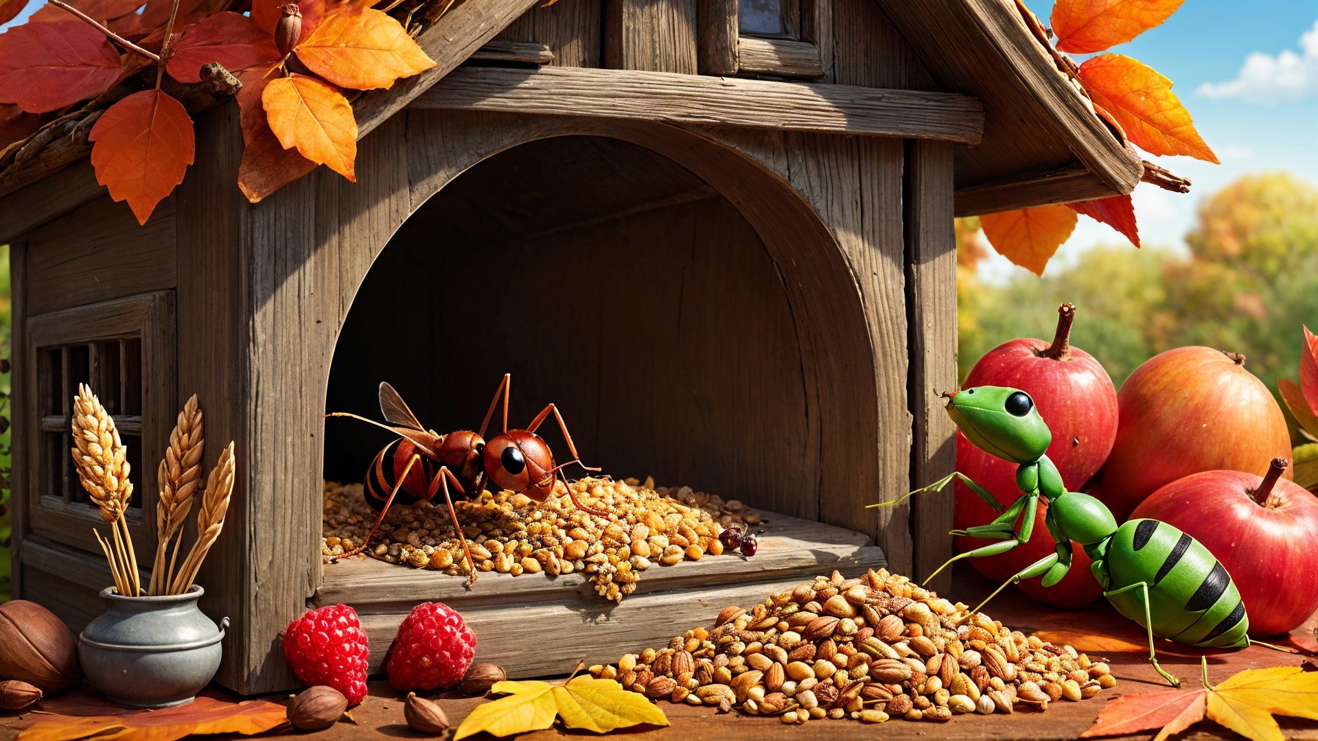 Cozy Wooden House Surrounded by Autumn Harvest Scene