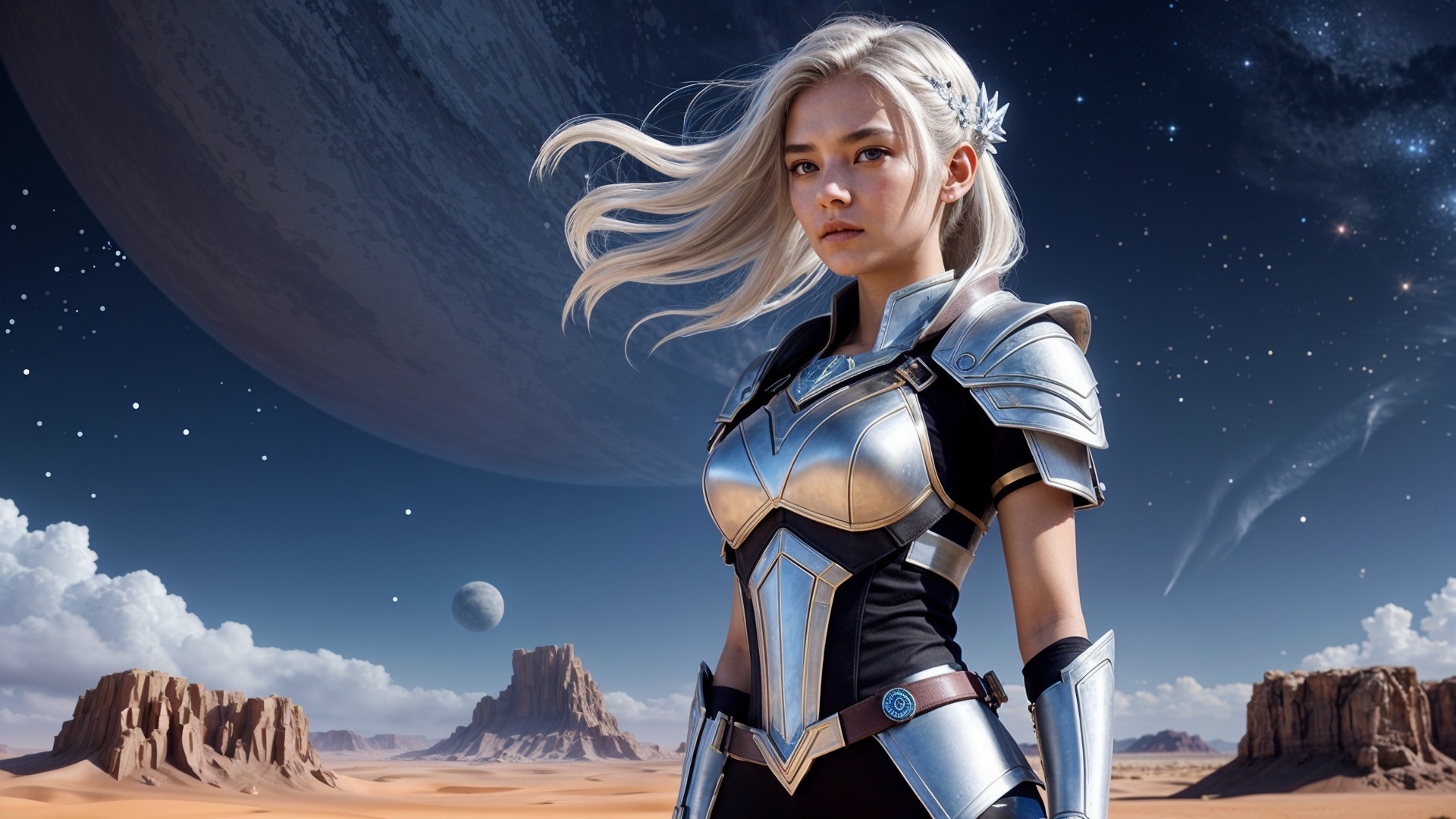 Desert Scene with Armored Figure Under Starry Sky