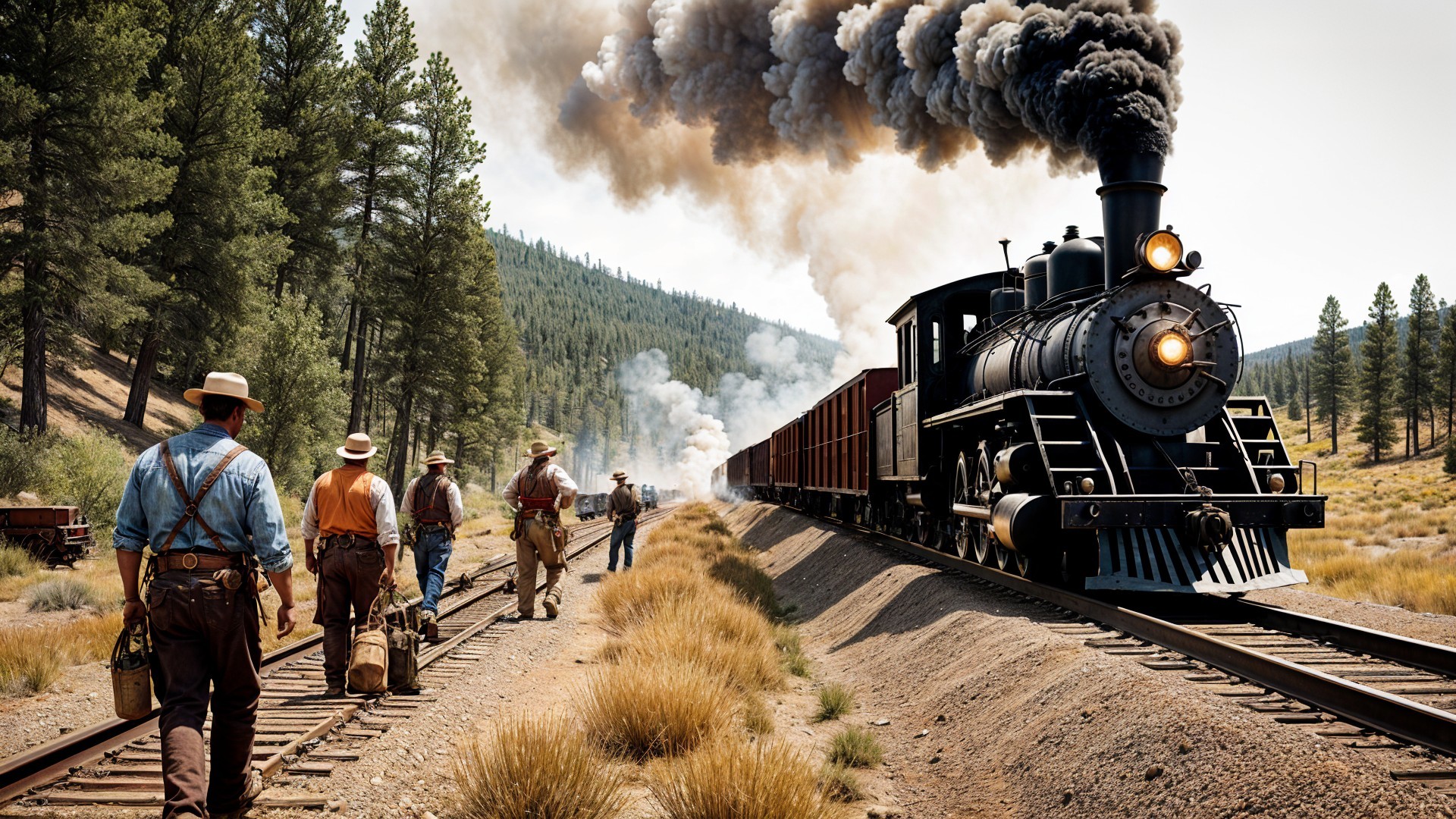 Vintage steam train on scenic route with workers