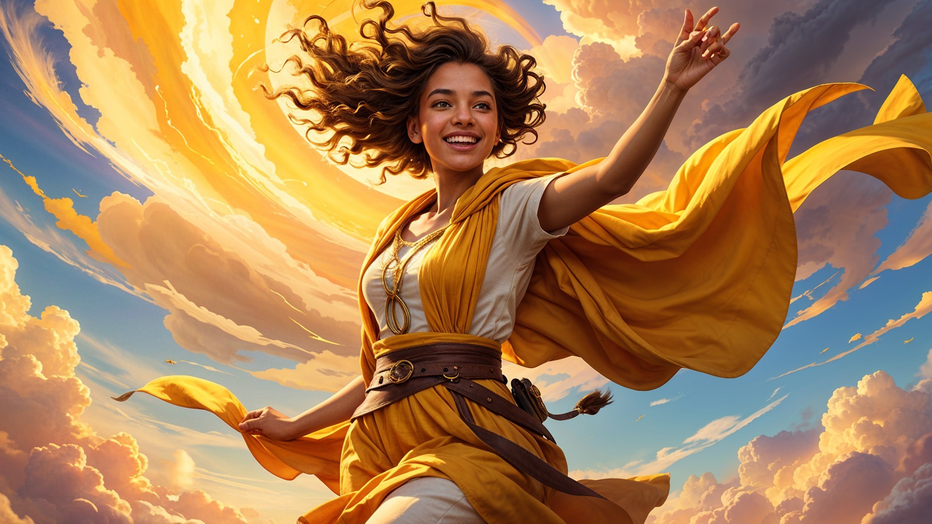 Joyful Dance of a Woman in a Vibrant Landscape