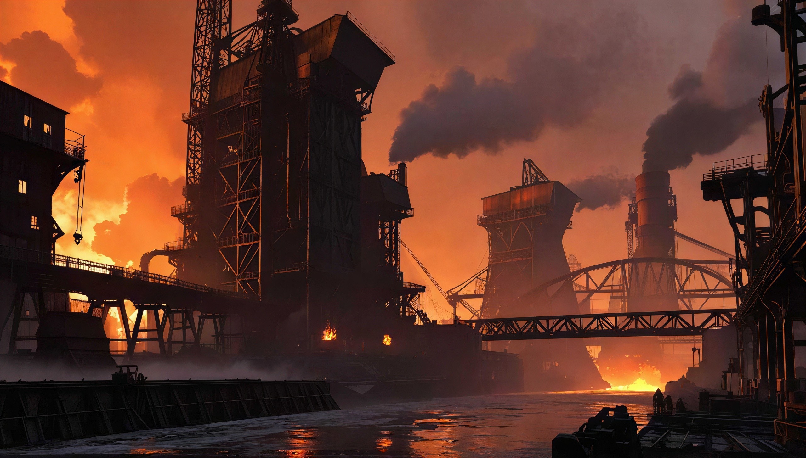 Dystopian Industrial Cityscape at Sunset with Water