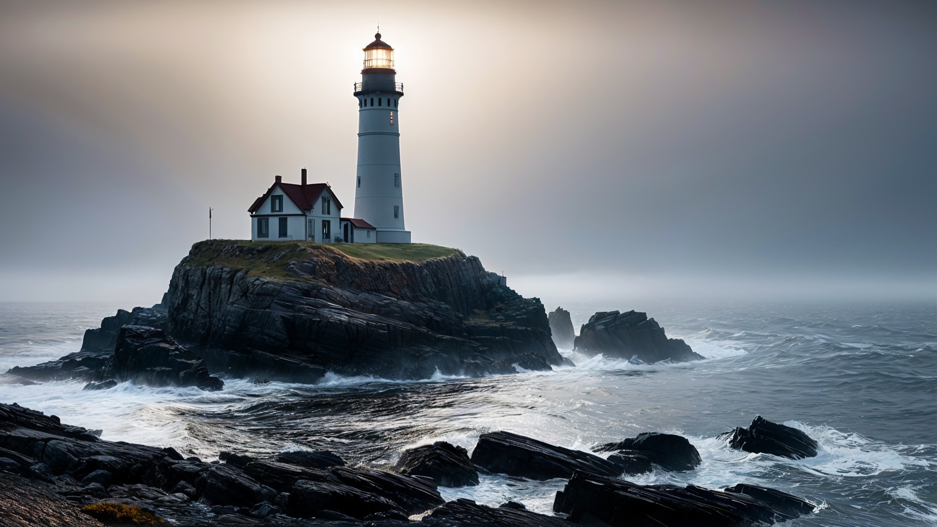 Majestic lighthouse on rugged cliff with crashing waves