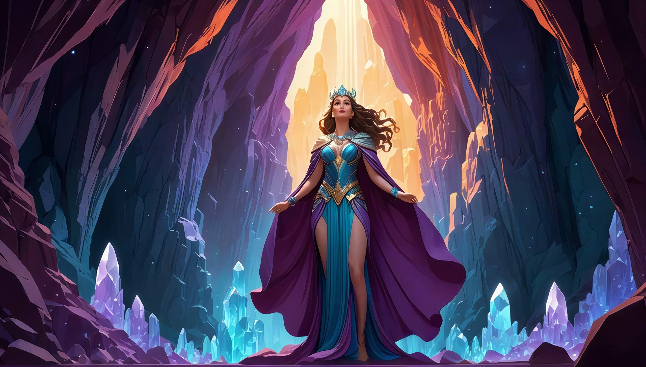 Iridescent Woman in a Crystalline Cave Setting