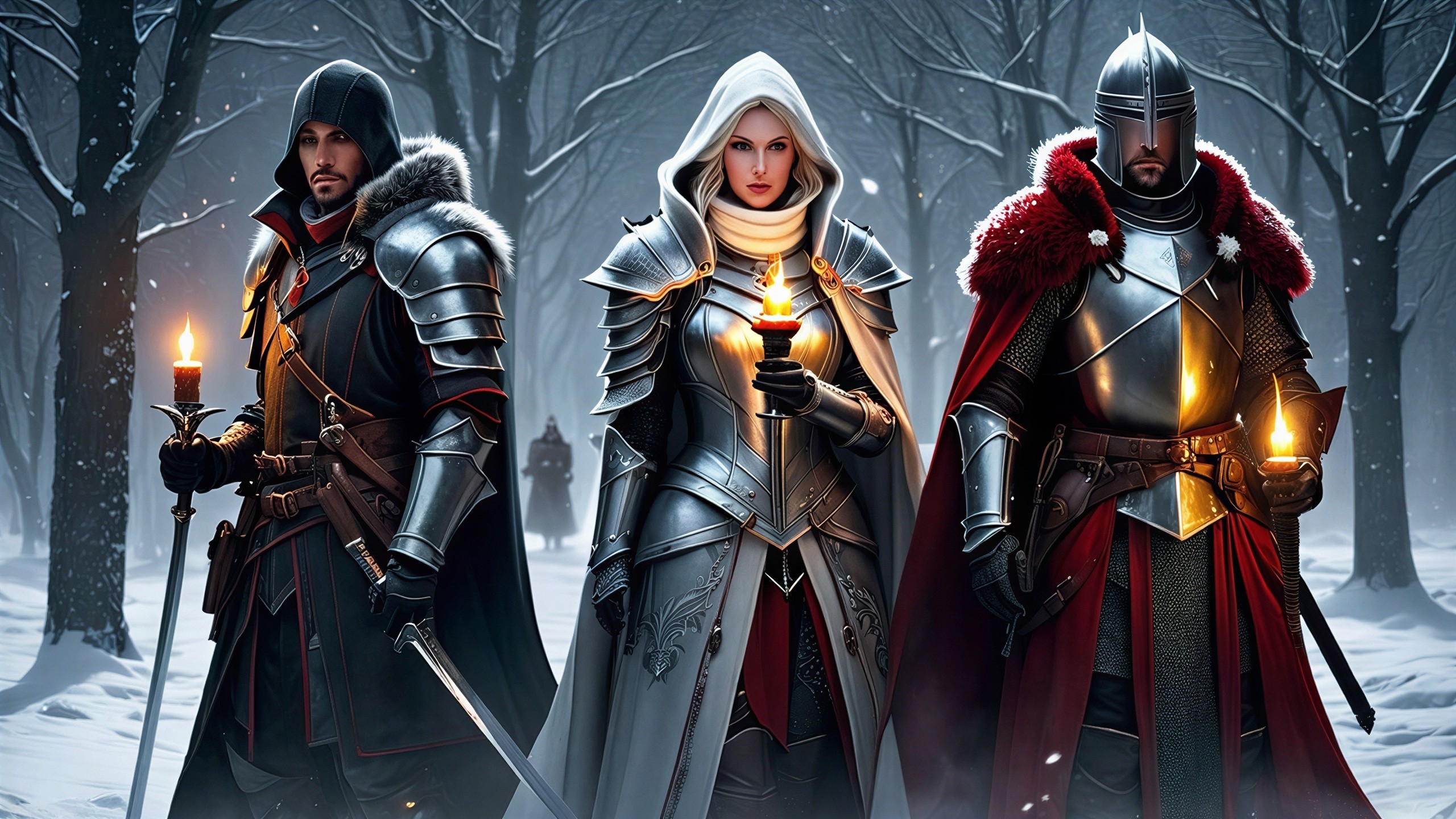 Three Figures in Snowy Forest with Silver Armor