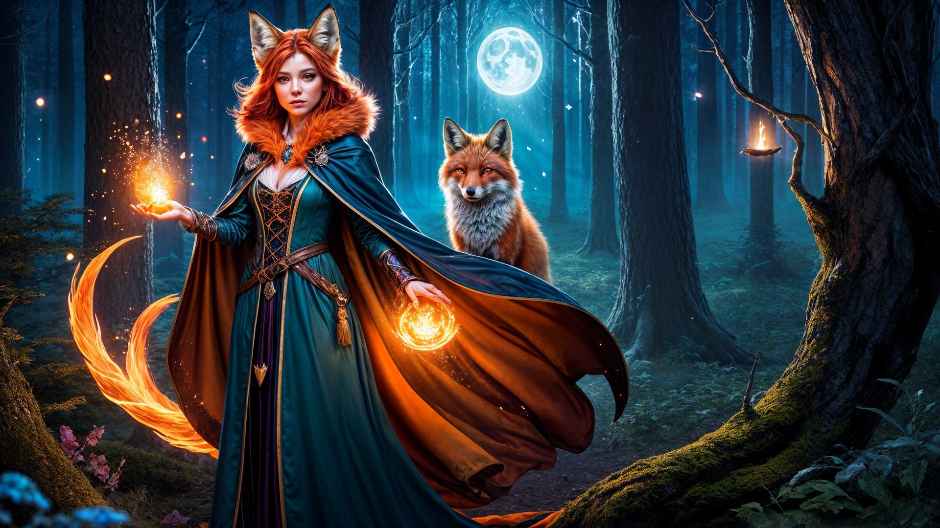Mystical Forest Scene with Woman and Fox at Night