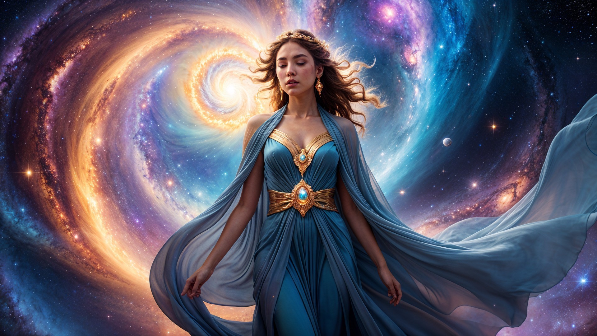 Mystical Woman in Cosmic Setting with Flowing Gown