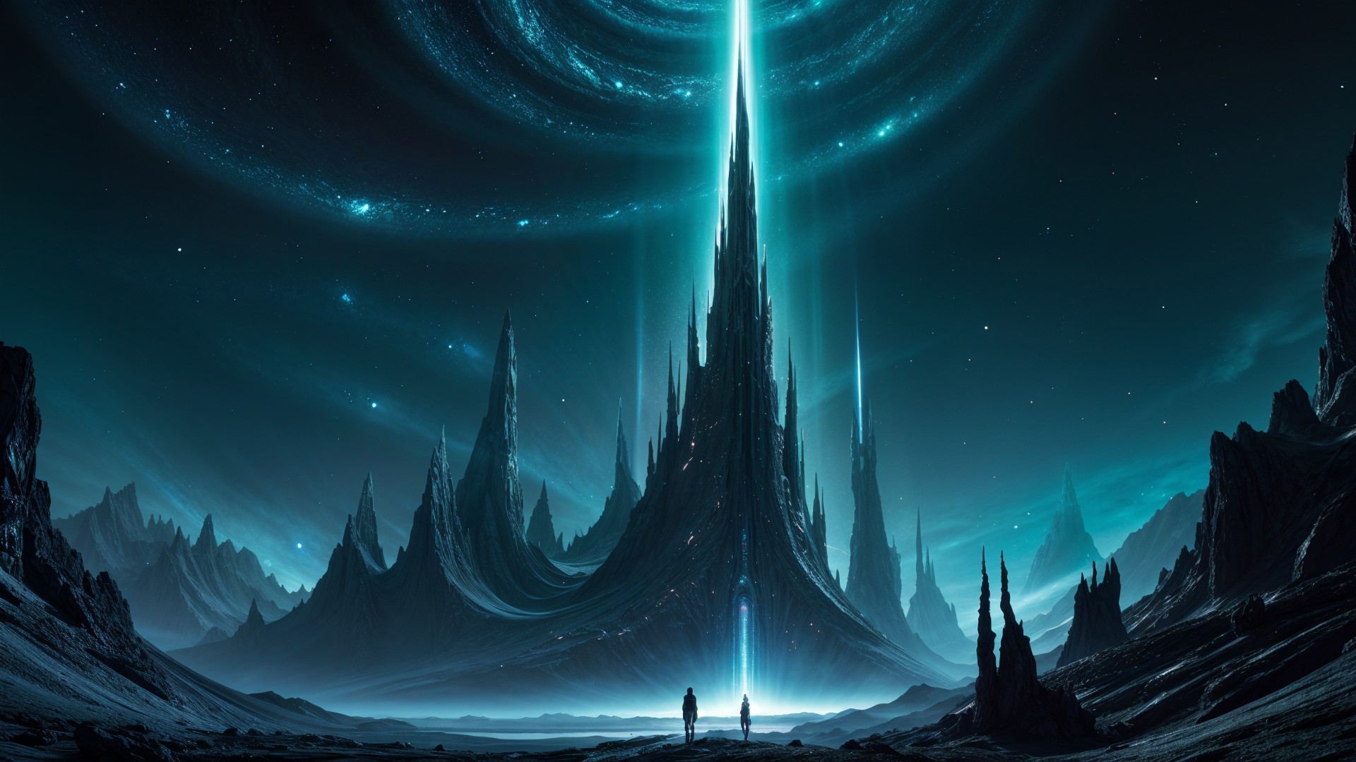Majestic Tower Against Cosmic Backdrop with Mountains