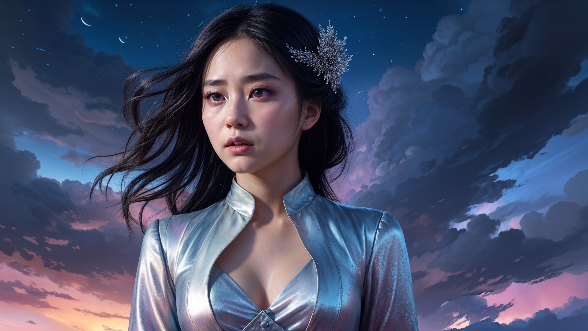 Young woman in silver outfit against twilight sky