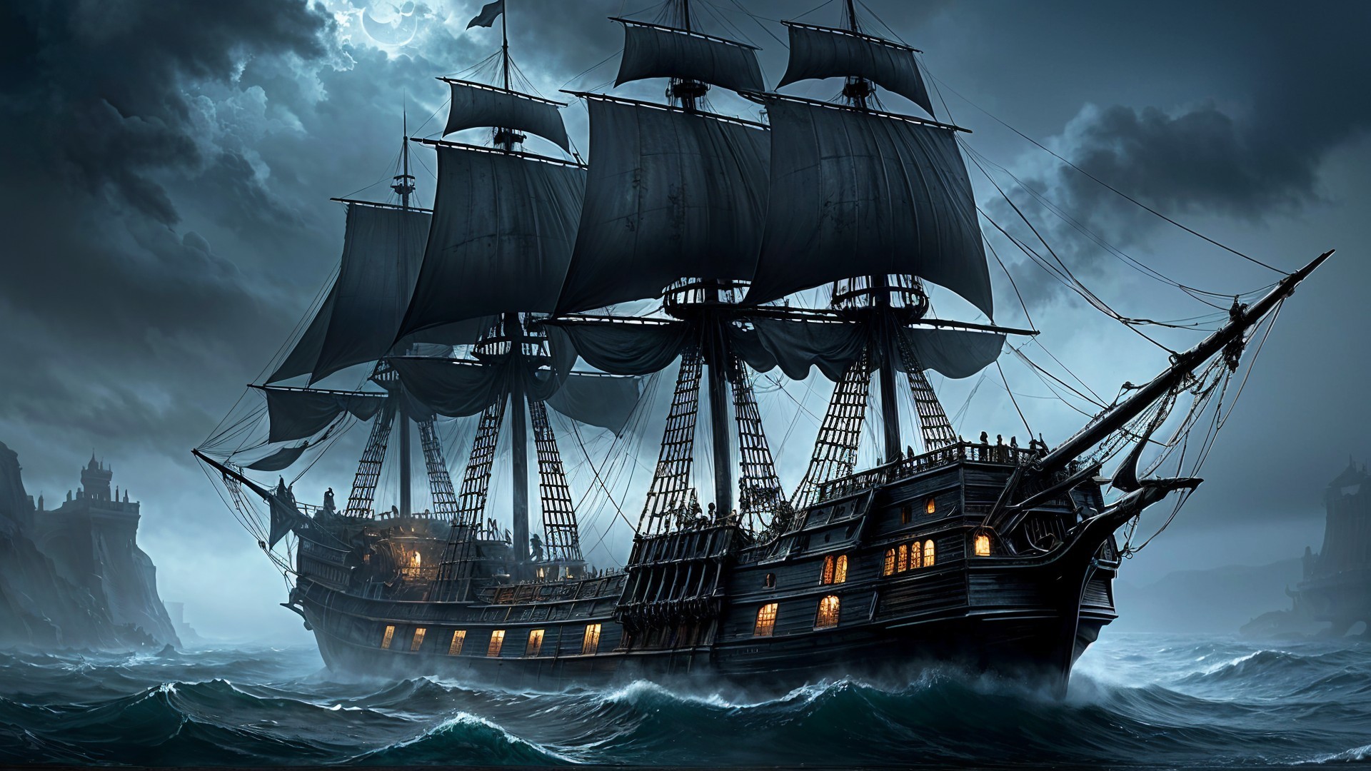 Pirate Ship Navigating Stormy Waters Under Moonlight