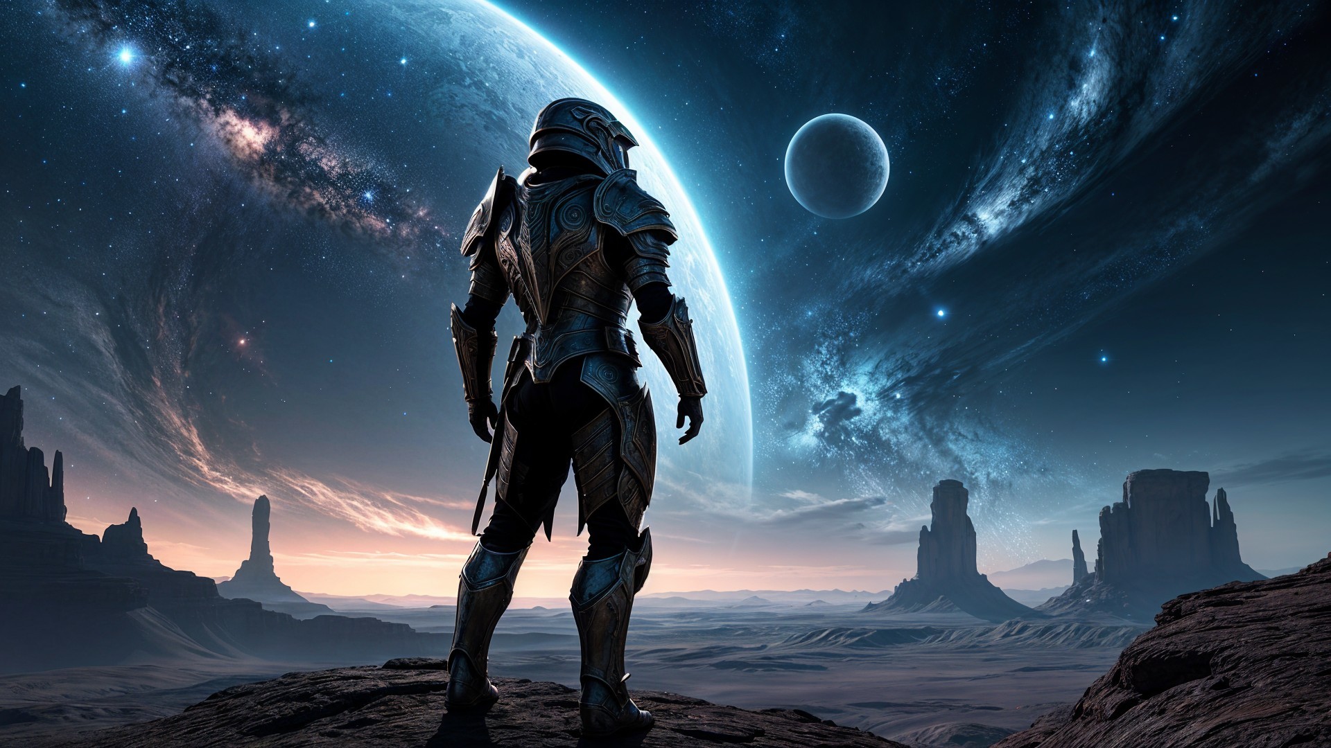 Futuristic warrior in metallic armor against cosmic backdrop