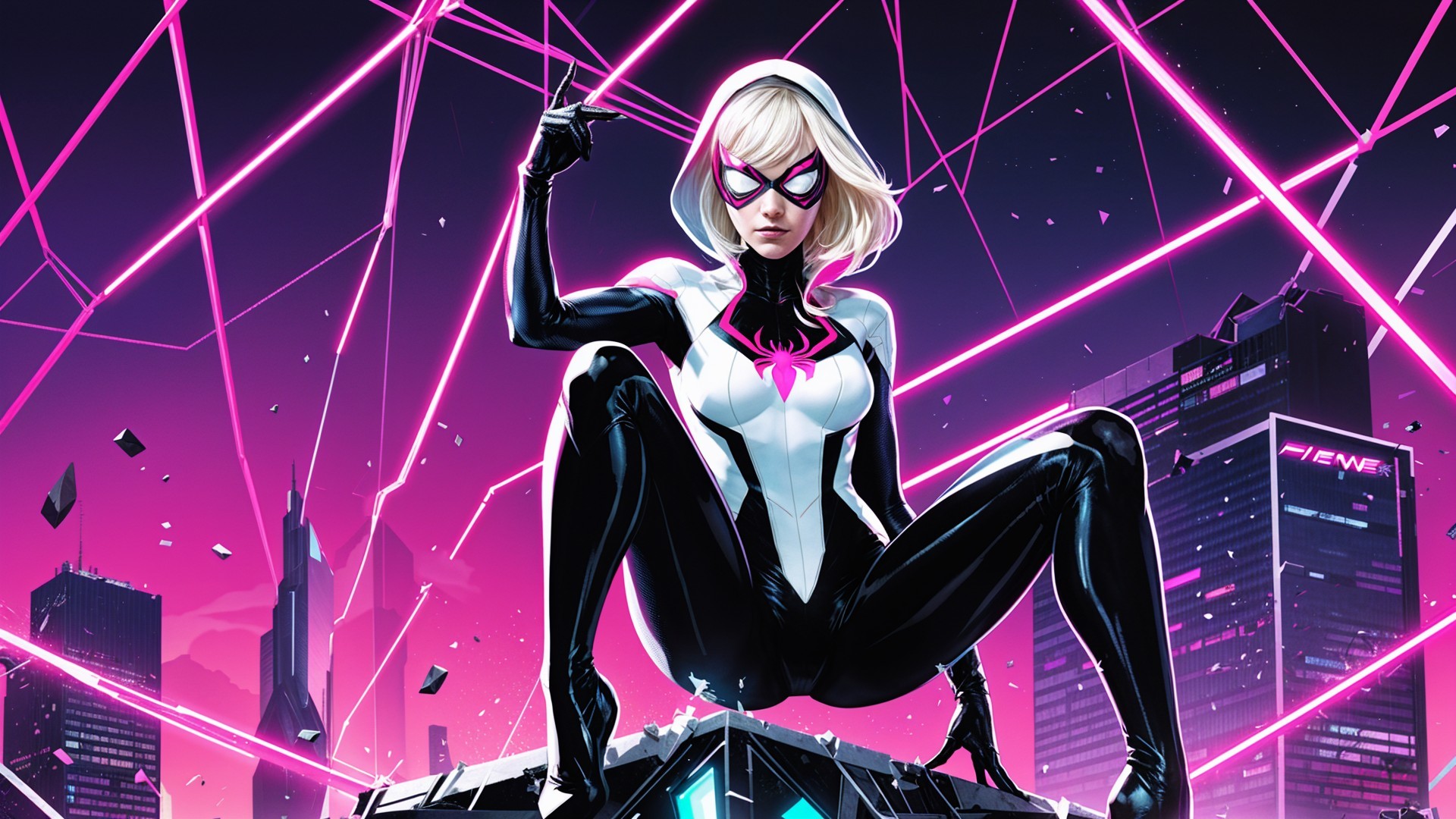 Female superhero in black and white costume on skyline