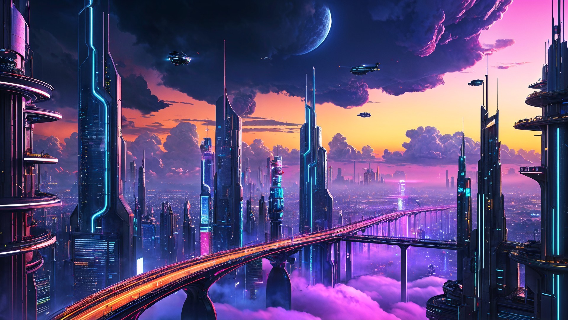 Futuristic cityscape with neon skyscrapers at sunset