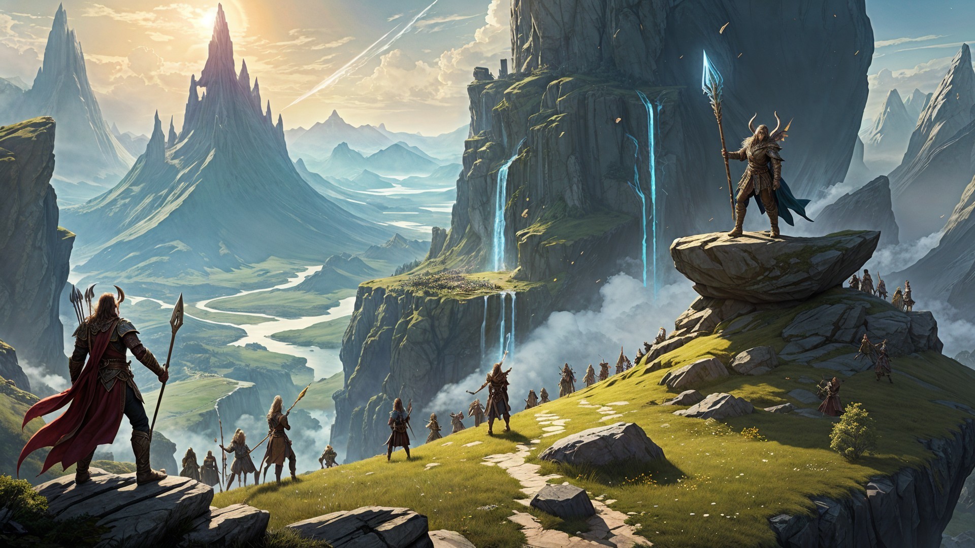 Fantasy Landscape with Hero, Warriors, and Waterfalls