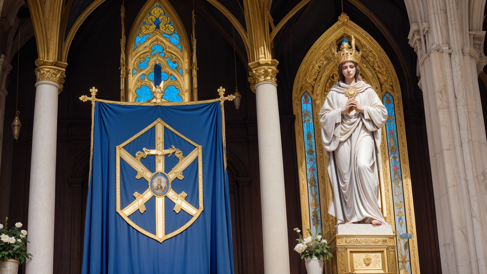 Majestic Church Interior with Statue and Stained Glass