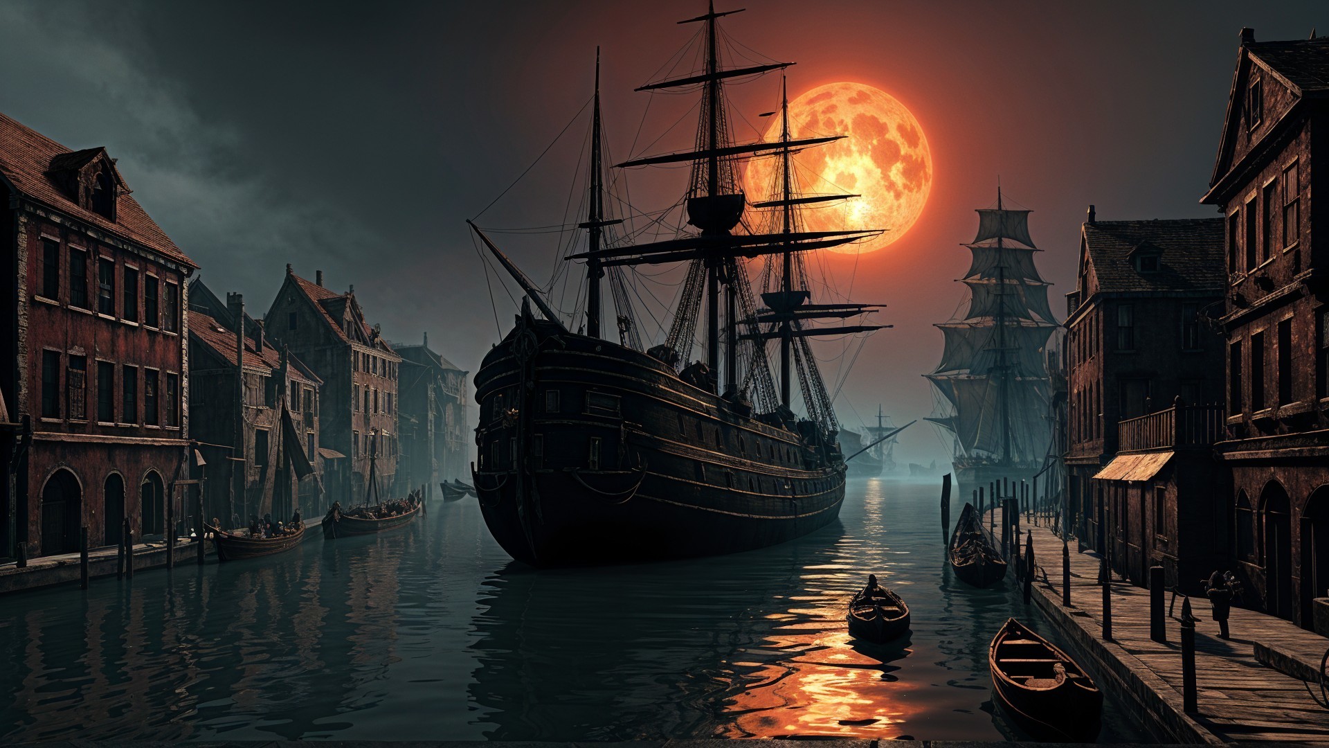 Tranquil Harbor Scene at Dusk with Full Moon