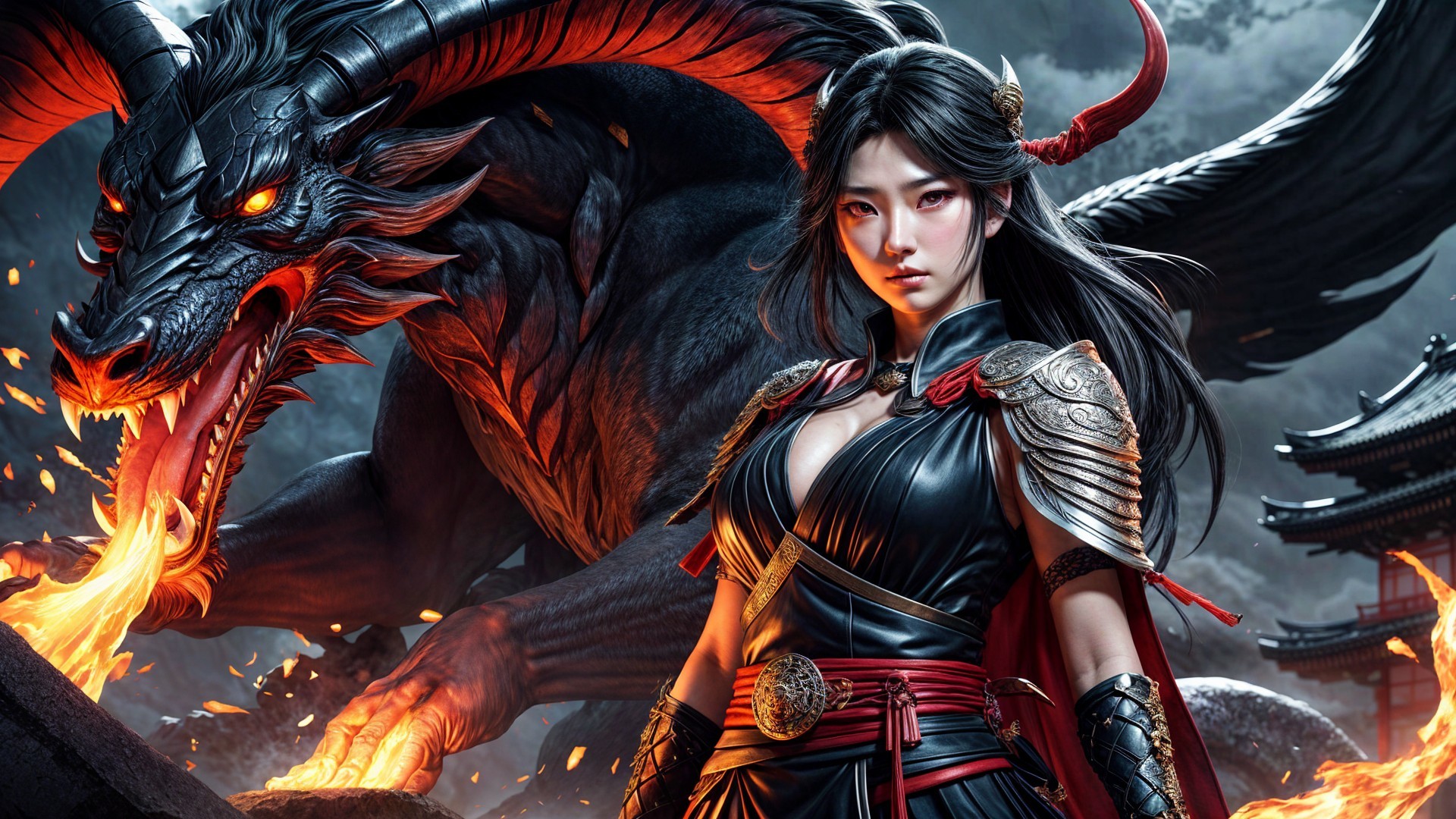 Fierce warrior in dark armor with a black dragon