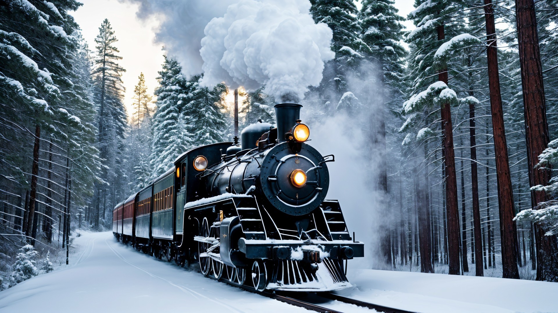 Vintage Steam Locomotive in Snowy Forest Scene