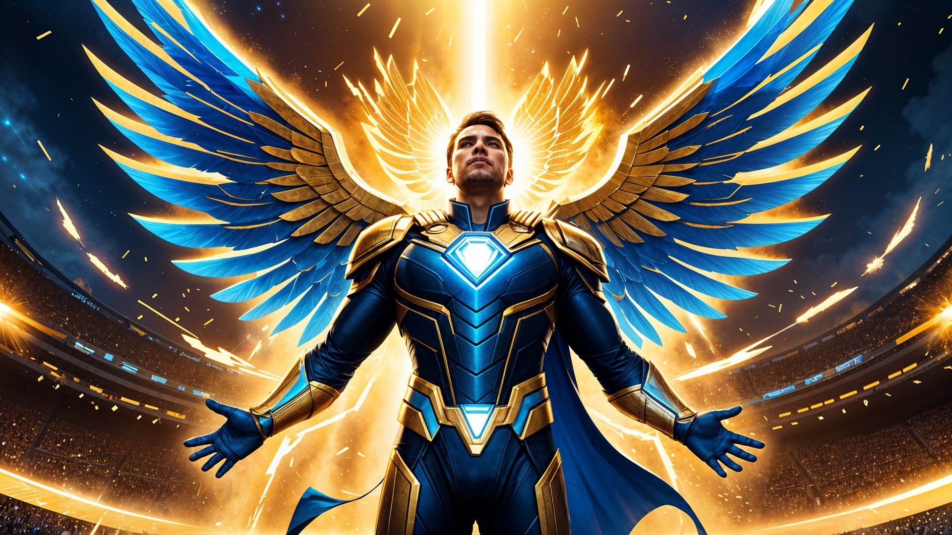 Heroic Figure with Blue and Gold Wings in Arena