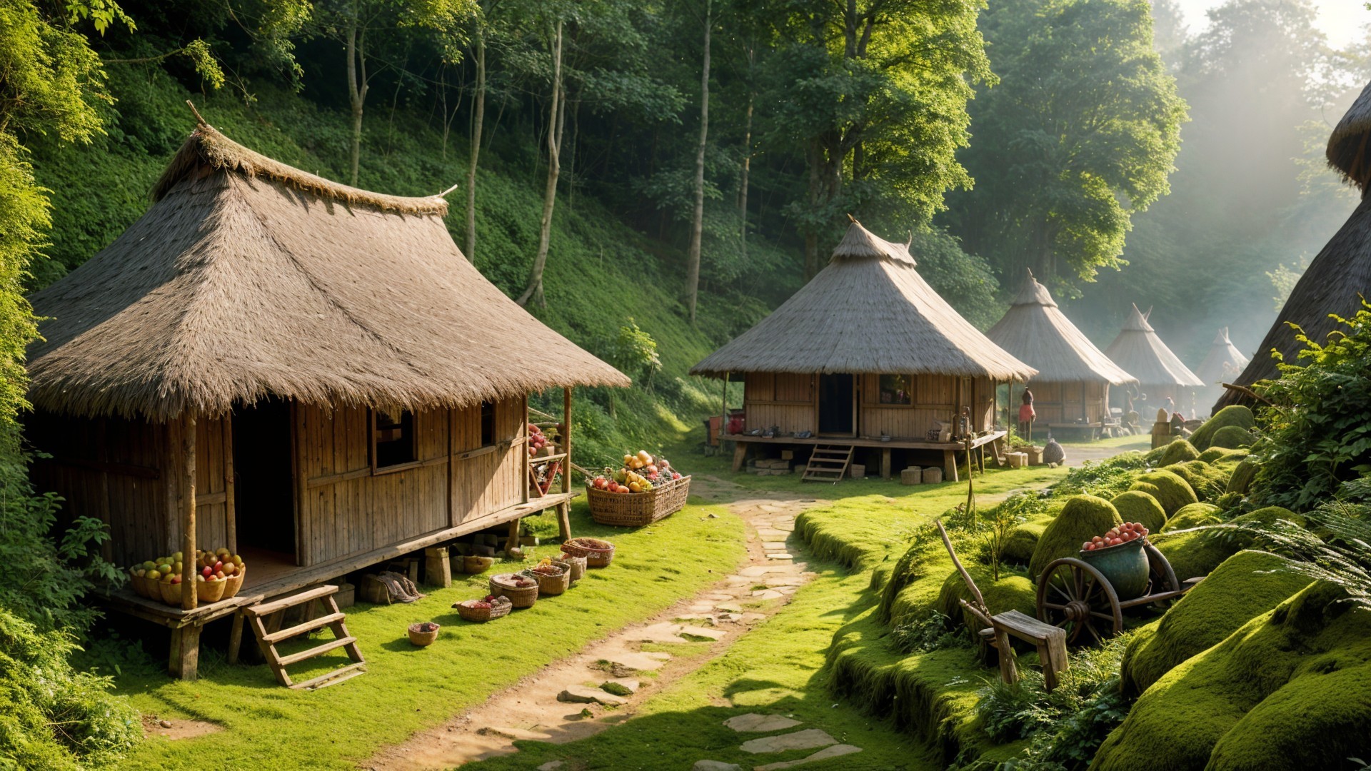Idyllic Village Scene with Thatched Roof Huts