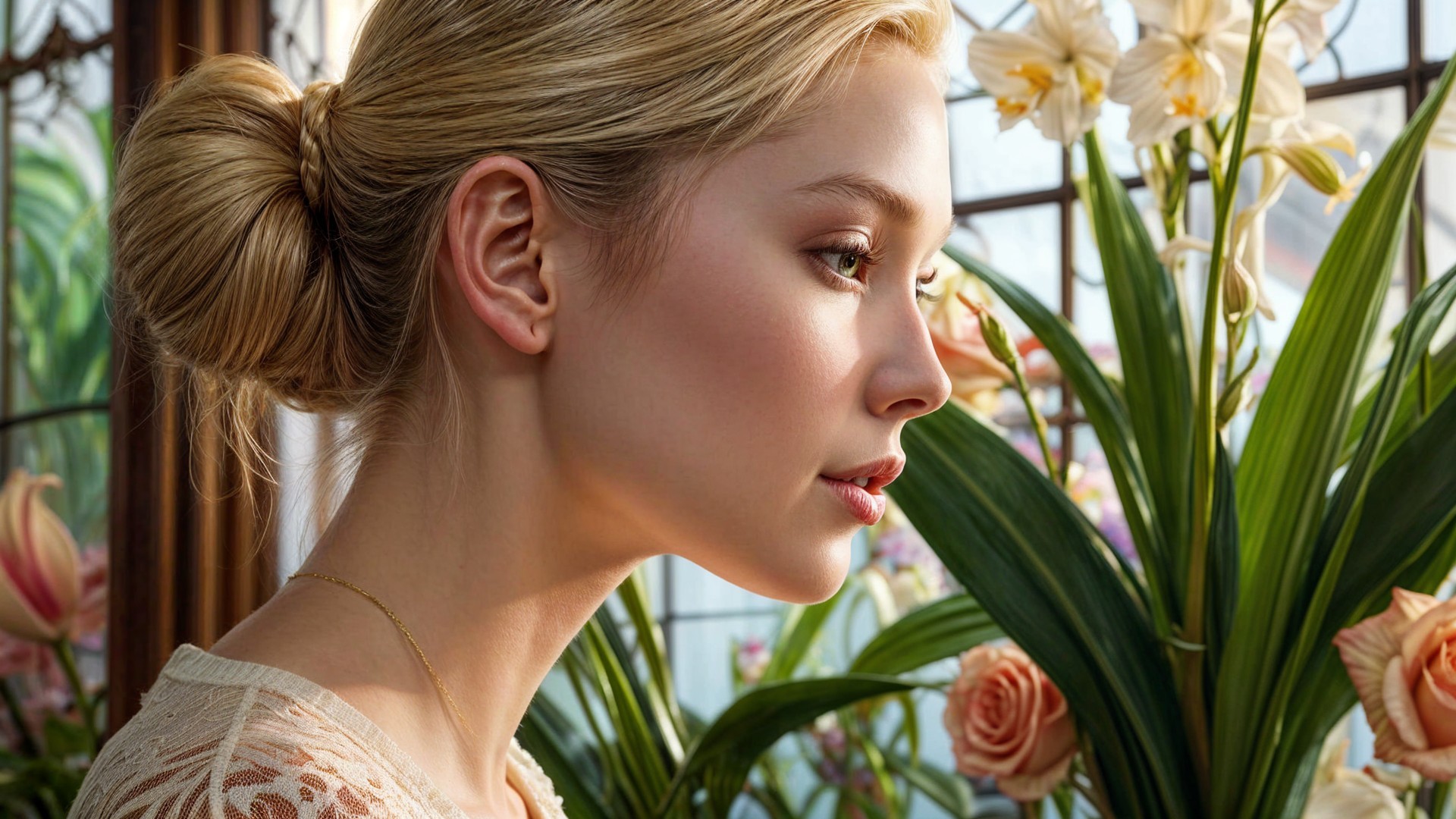 Serene Young Woman Surrounded by Lush Greenery