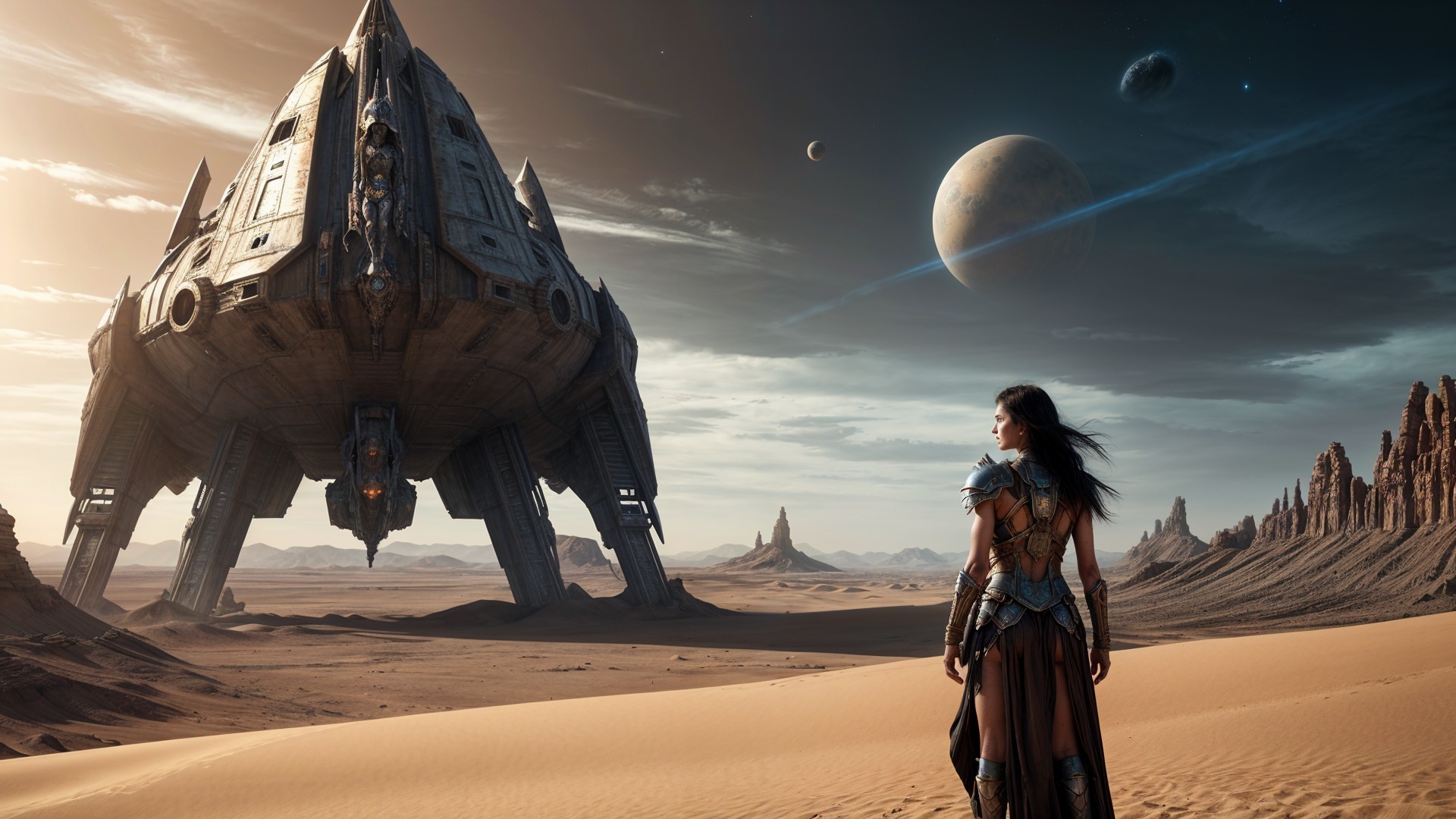 Futuristic Spaceship in Desert Landscape with Armor Figure