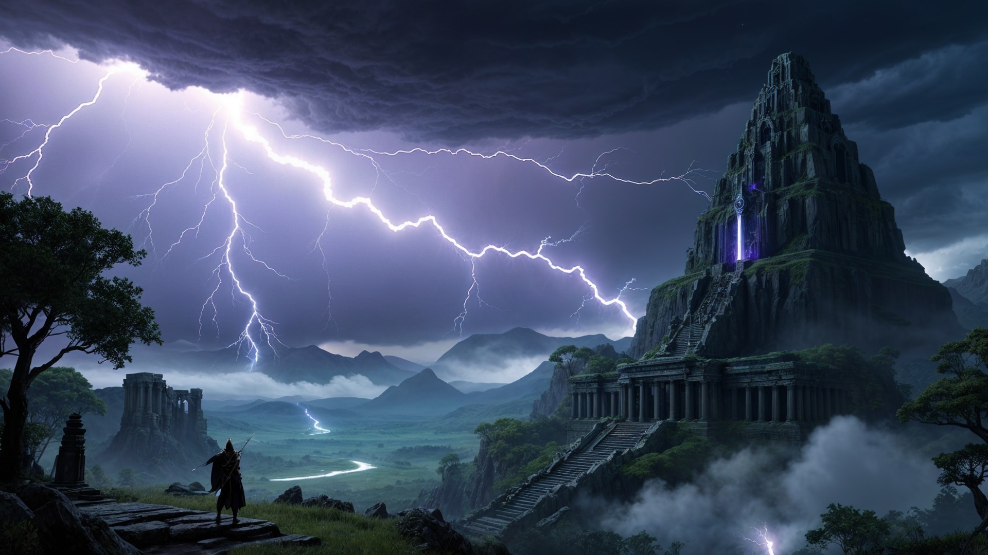 Dramatic Landscape with Ancient Temple and Lightning