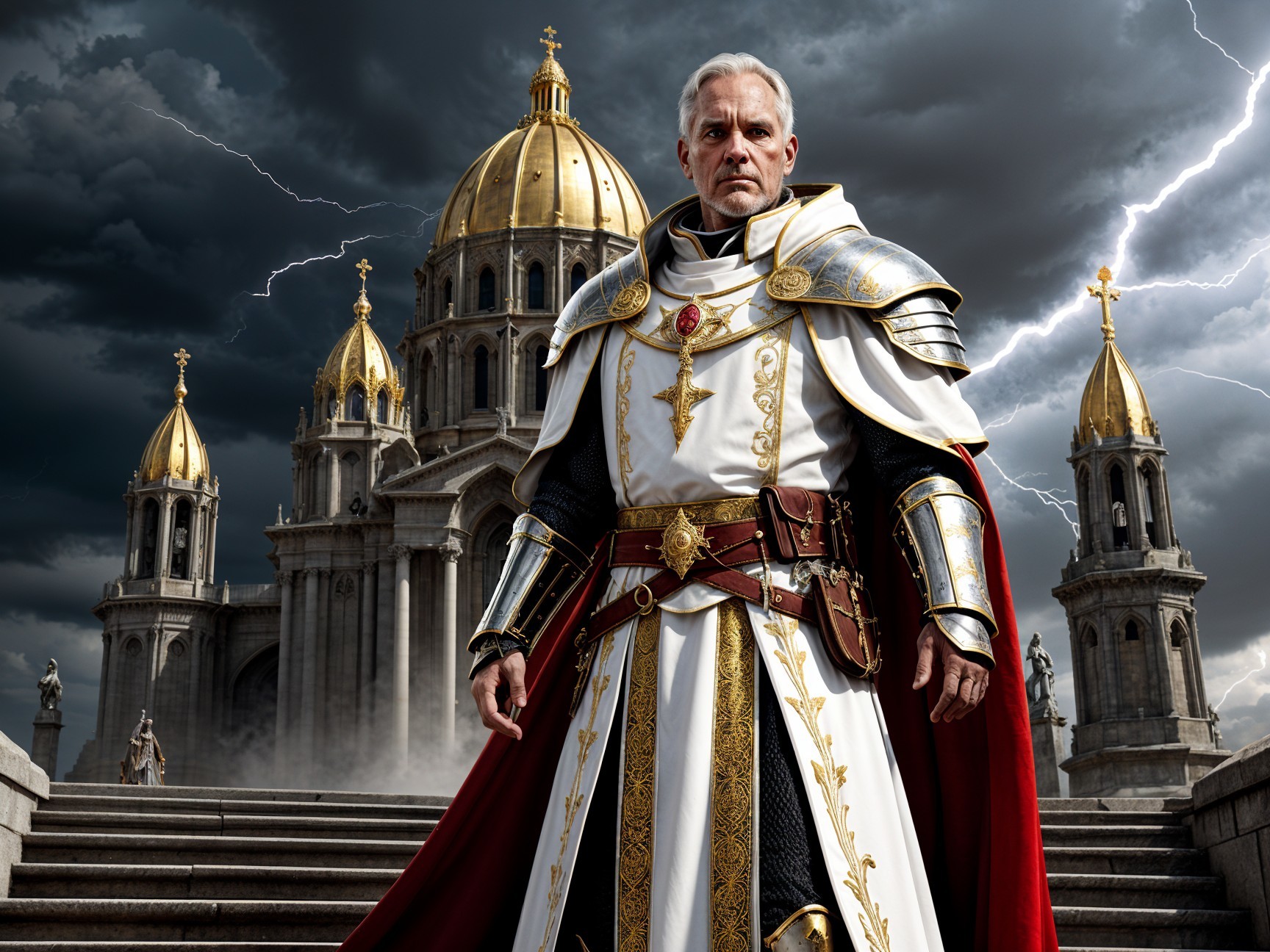 Ornate Armored Figure Before Grand Cathedral and Stormy Sky