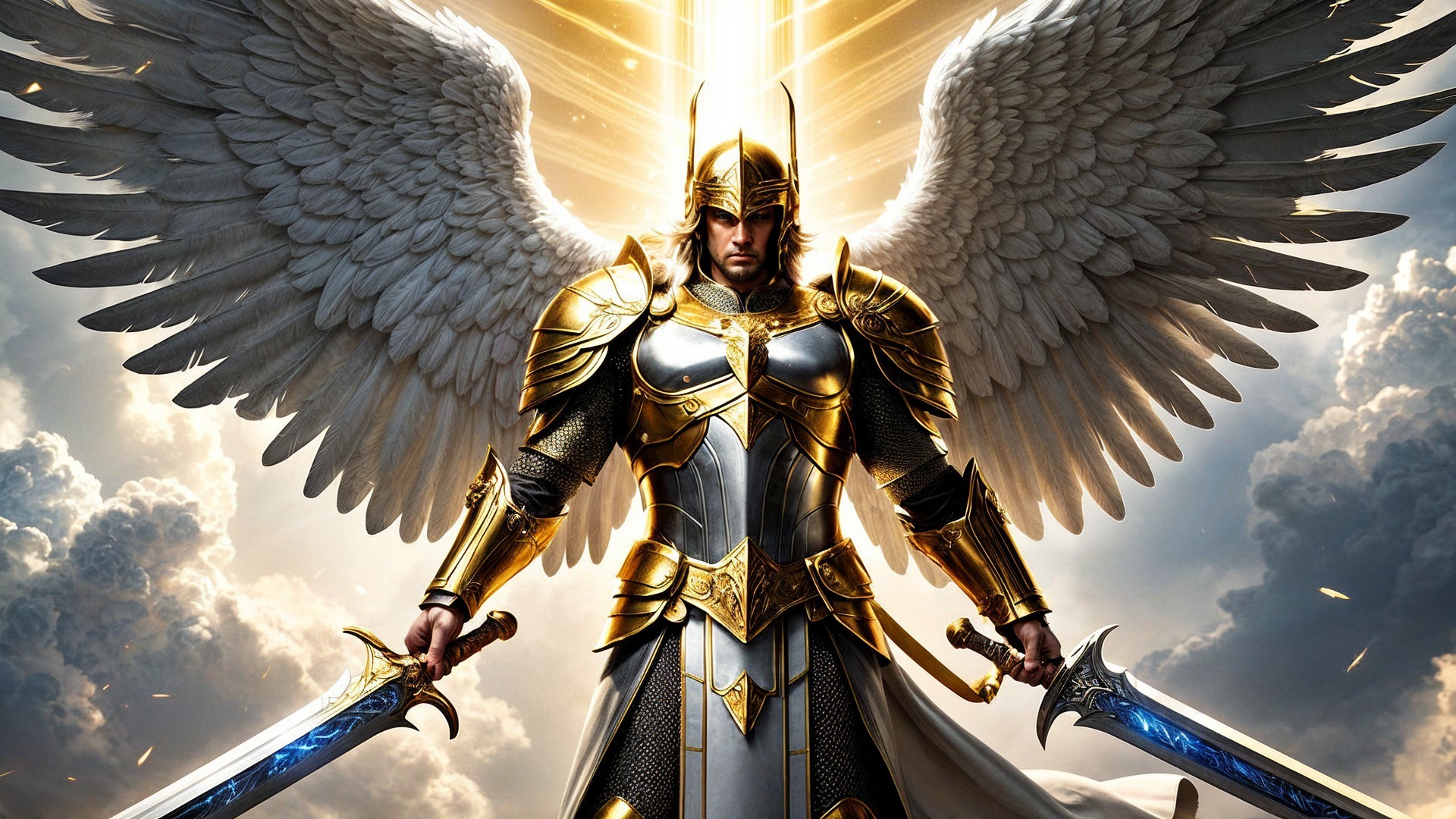 Majestic angelic figure in golden armor with swords