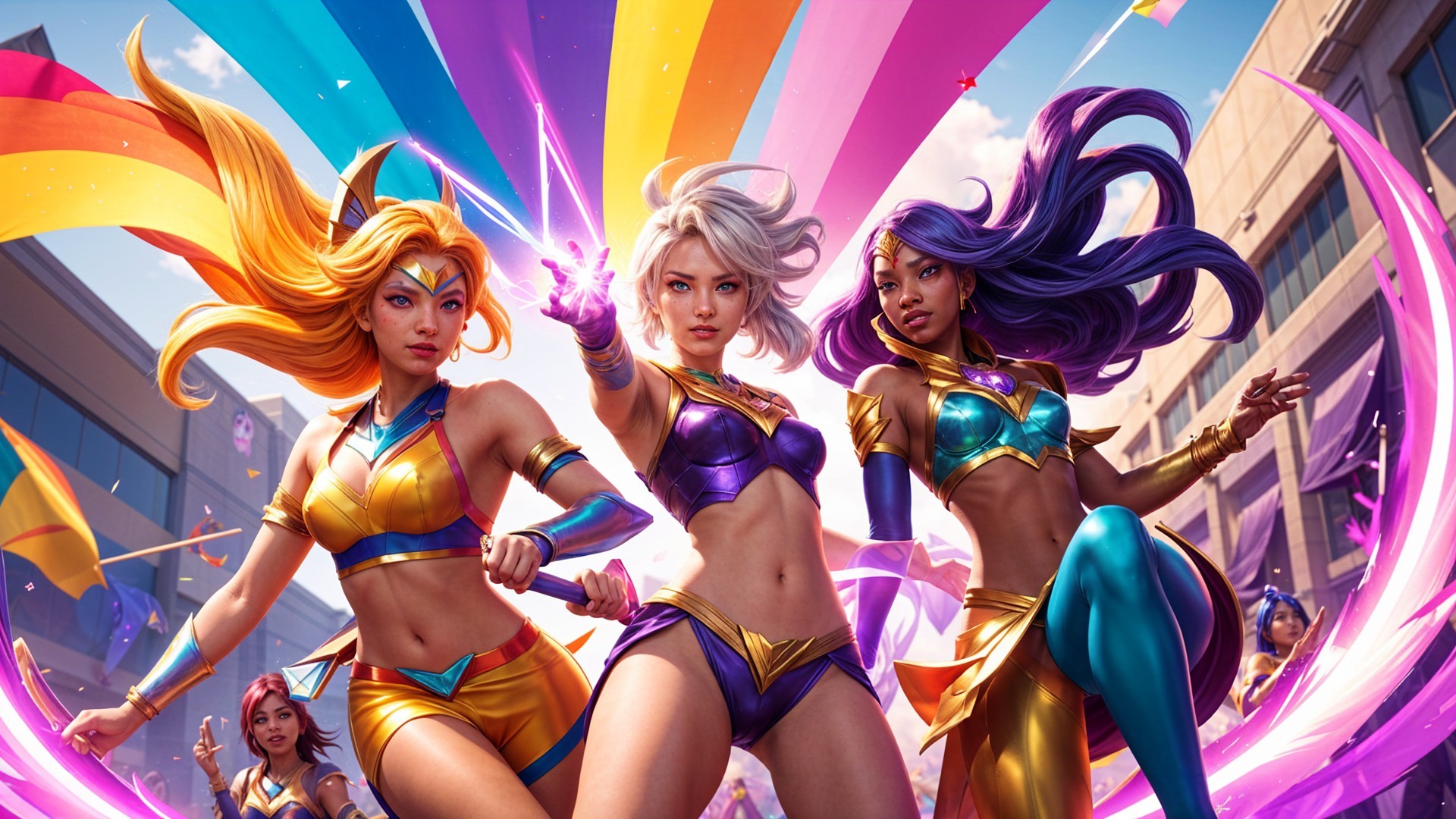 Stylish Characters in Vibrant Outfits with Weapons