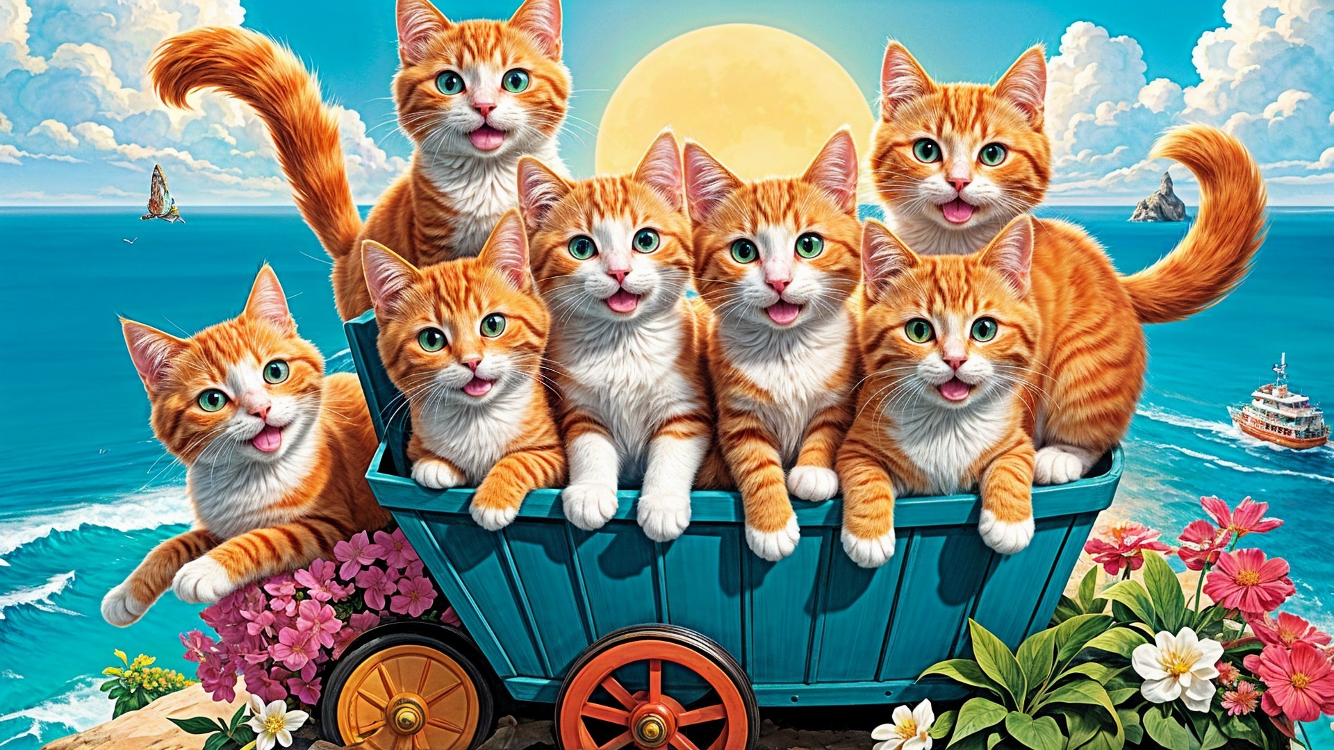 Group of Eight Orange Tabby Cats in Blue Wagon at Seaside