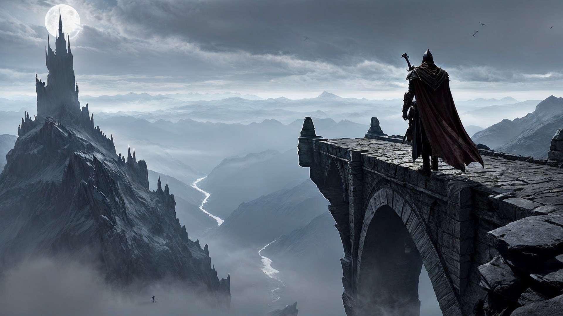 Cloaked Figure on Ancient Bridge Overlooking Misty Landscape